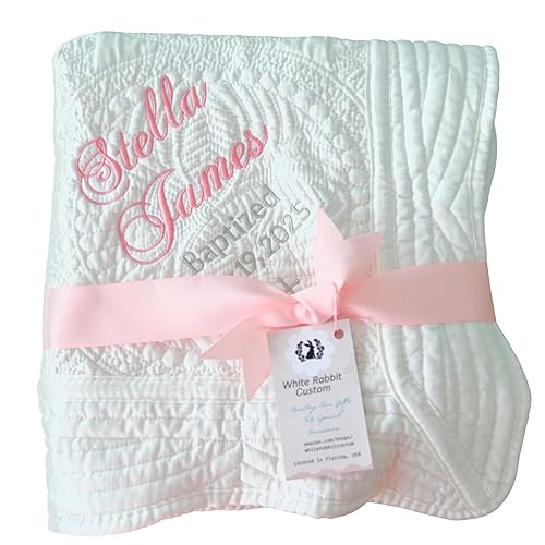 Baby Baptism Blanket Personalized Quilt Girl Boy Gift With Embroidered Name Date Cross Custom Monogrammed Catholic Christian