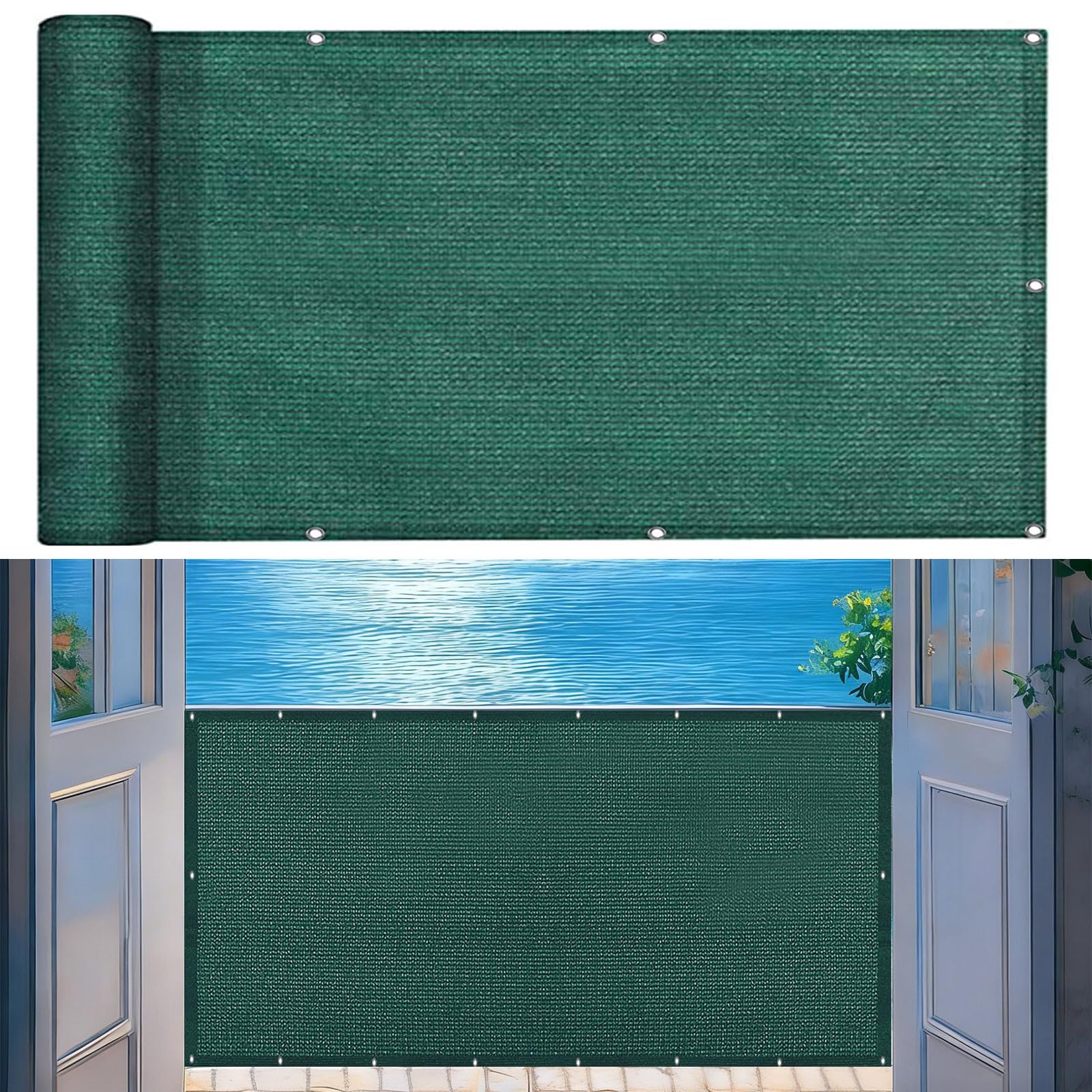 Brise vue balcon 120x460 cm en HDPE vert foncé avec œillets et câbles