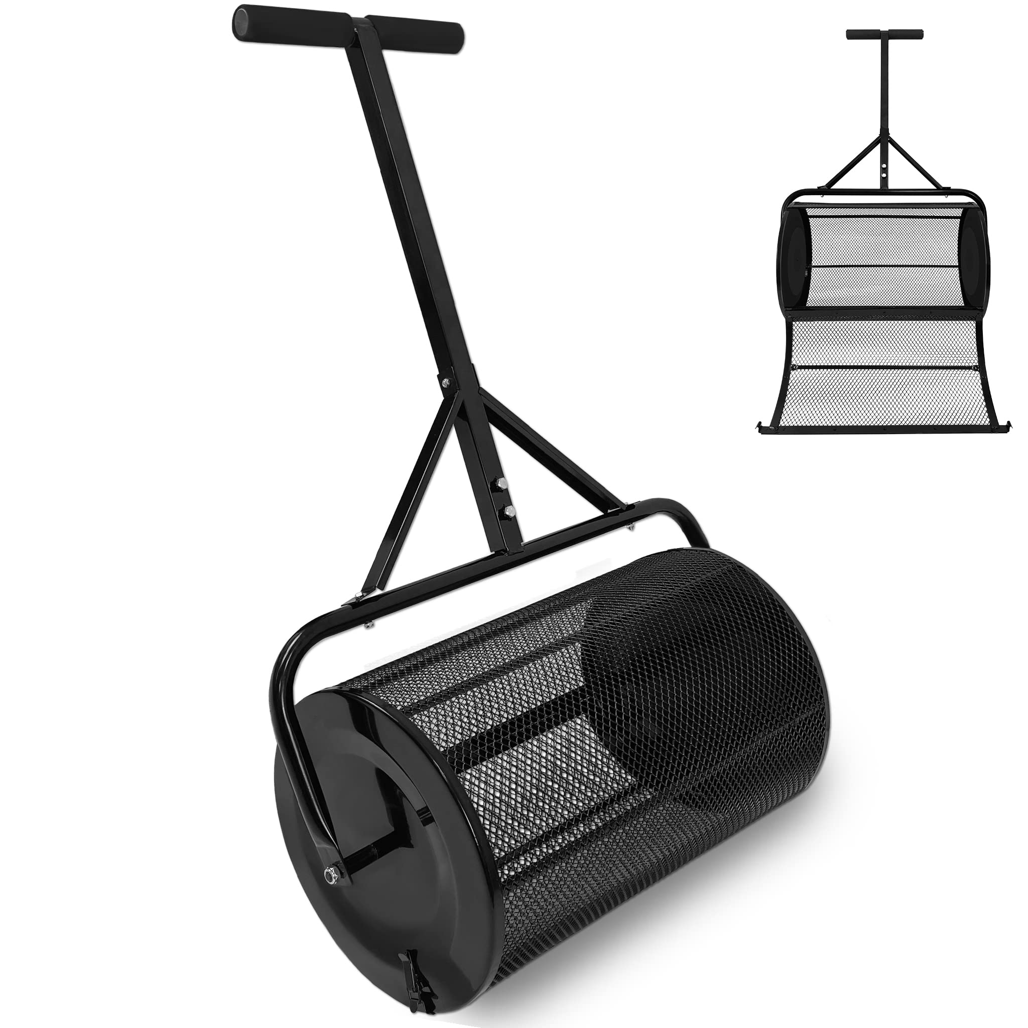 UISEBRT Kompoststreuer 80L Rasen- und Gartenstreuer mit Griff, 65cm Breit Kompost-Streuer und Torfmoos-Streuer mit Mesh-Korb Saatgutstreuer für Kompost Dünger Saat Torf, Schwarz