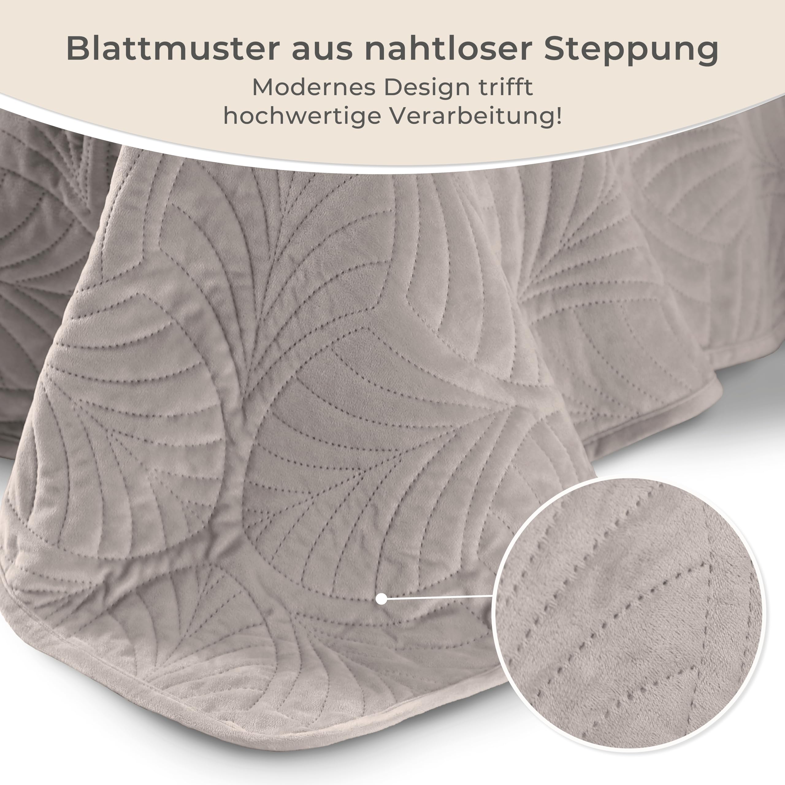 Gräfenstayn Premium Tagesdecke 220x240 cm – Bettüberwurf mit Nahtloser Steppung & Blatt-Design – Samt-Decke weich knitterfrei pflegeleicht (Taupe)