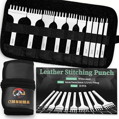 QMNNMA 10Pcs Leather Stitching Punch, Hole Punch Set Diamond Stitching Chisel Set, Multiple Sizes White Steel 1/2/4/6 Prong Leather Chisel with Storage Bag for DIY Craft QMNNMA 10Pcs Leather Stitching Punch, Hole Punch Set Diamond Stitching Chisel Set, Multiple Sizes White Steel 1/2/4/6 Prong Leather Chisel with Storage Bag for DIY Craft