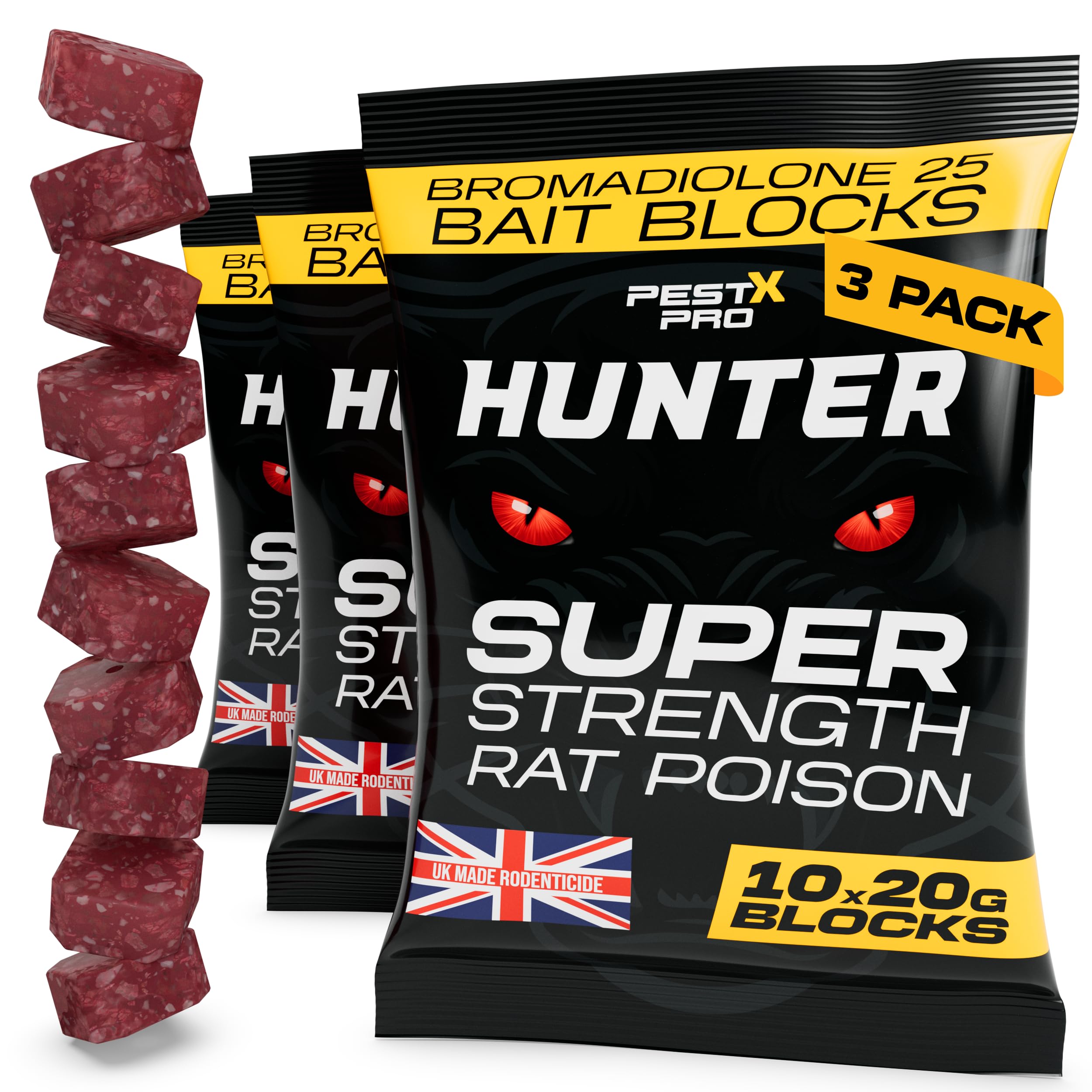 Pest X Pro Hunter – Rat Poisoning Super Strength, 3 × 200 g Sachets, Professional Rat & Mouse Killer Bait, Indoor & Outdoor Rodent Control with Bromadiolone - Venom Bait Station Refill