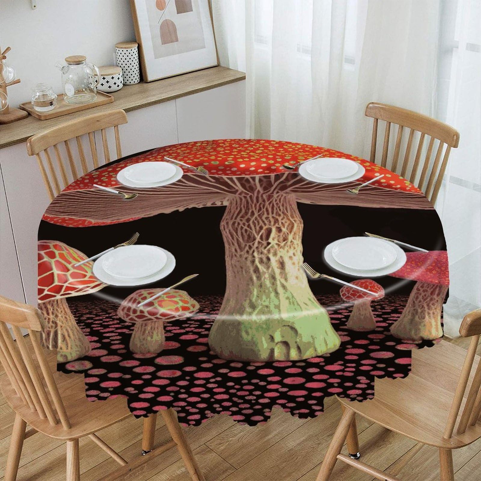 FekiLoot Mushroom Round Tablecloth 60 Inch Waterproof Heavy Duty Table Cloth Spillproof Washable Table Cover Wrinkle Resistant Tablecloths Decorative Table Cloths