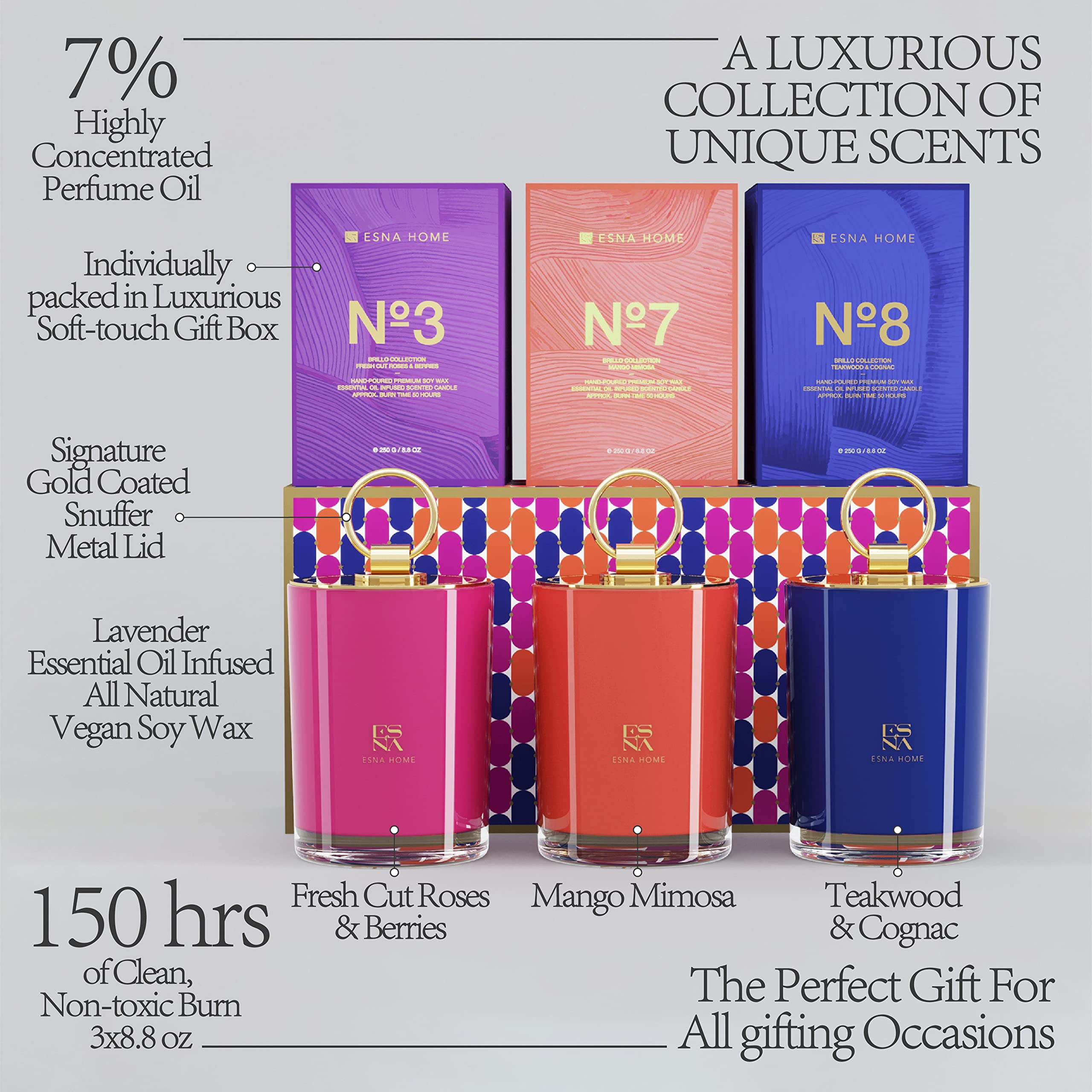 ESNA HOME Luxury Trio - Juego de regalo de temporada, 3 velas aromáticas de soja natural de tamaño completo, 150 horas de combustión limpia, regalos de inauguración de la casa para mujeres