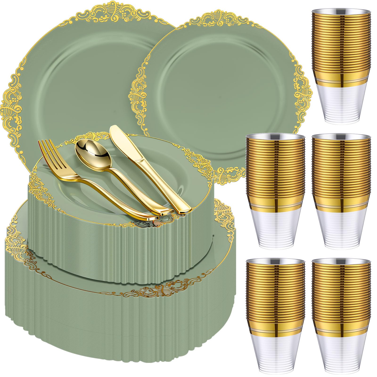 Photo 1 of Umigy 300 Pcs Sage Green Plastic Plates Heavy Green and Gold Disposable Dinnerware, Include 50 10. 2" Dinner Plates, 50 7. 5" Dessert Dinnerware and 150 Gold Silverware for Weddings Party