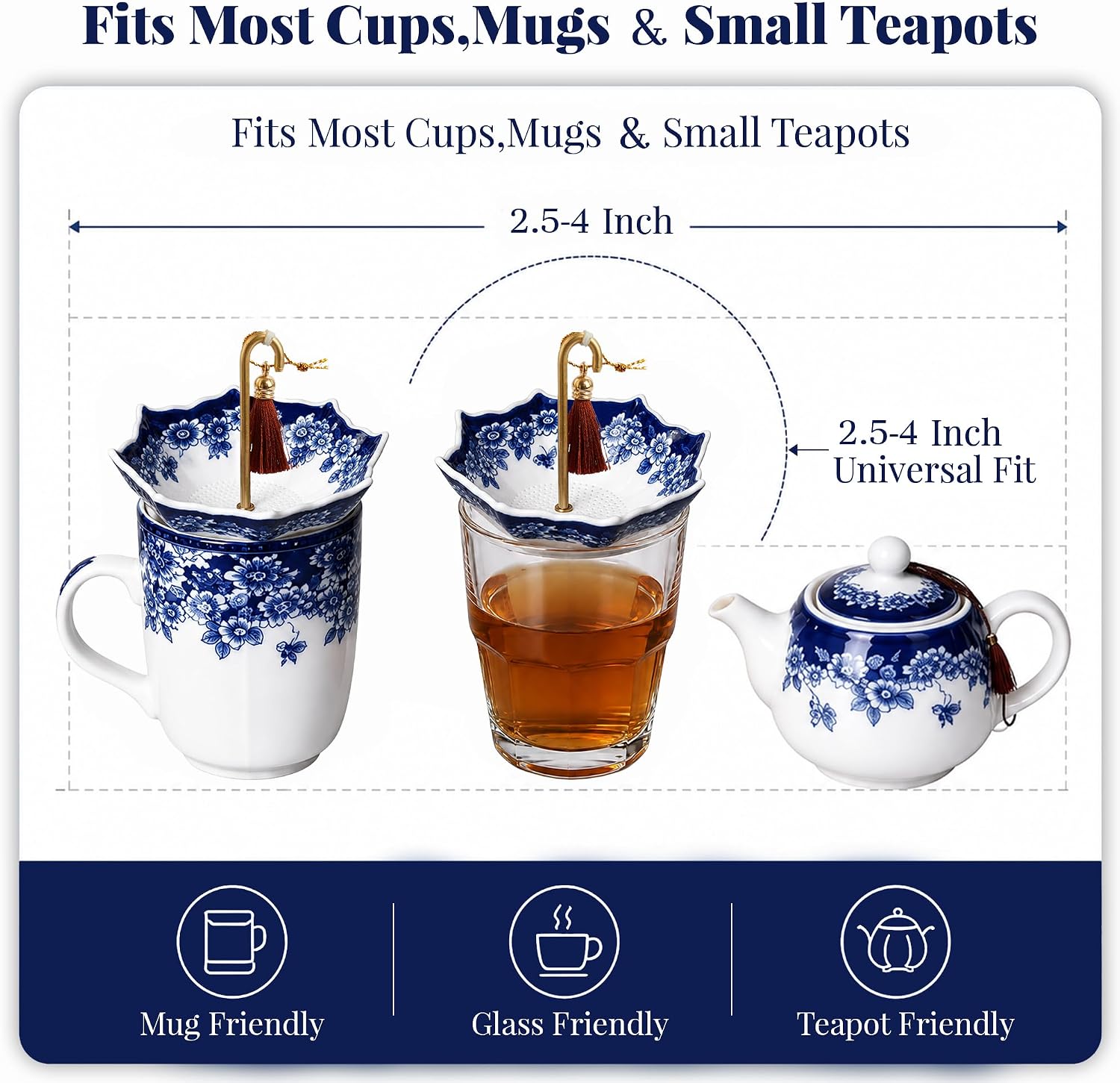 Umbrella Tea Strainer, Ceramic Blue & White Porcelain Tea Infuser