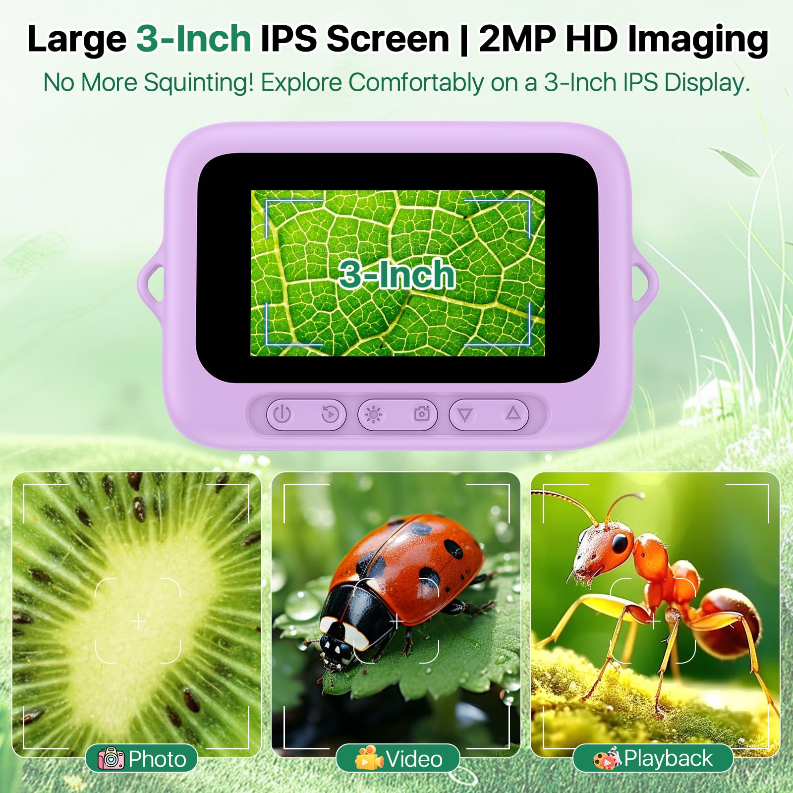 Microscope Enfant Numérique de Poche Portable: 3.0" Grand Écran 1000X 32GB Microscope Rechargeable Kit de Lames Biologiques Loupe Cadeau Scientifique pour Enfants Violet
