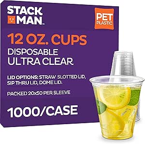 Stack Man [1000 Pack - 12 oz.] Ultra-Clear PET Disposable Plastic Cups - Party Drinking Cups - (Case of 20x50) Great Use for Cold Coffee, Shakes, Smoothies, Juices, Beer, Iced Tea