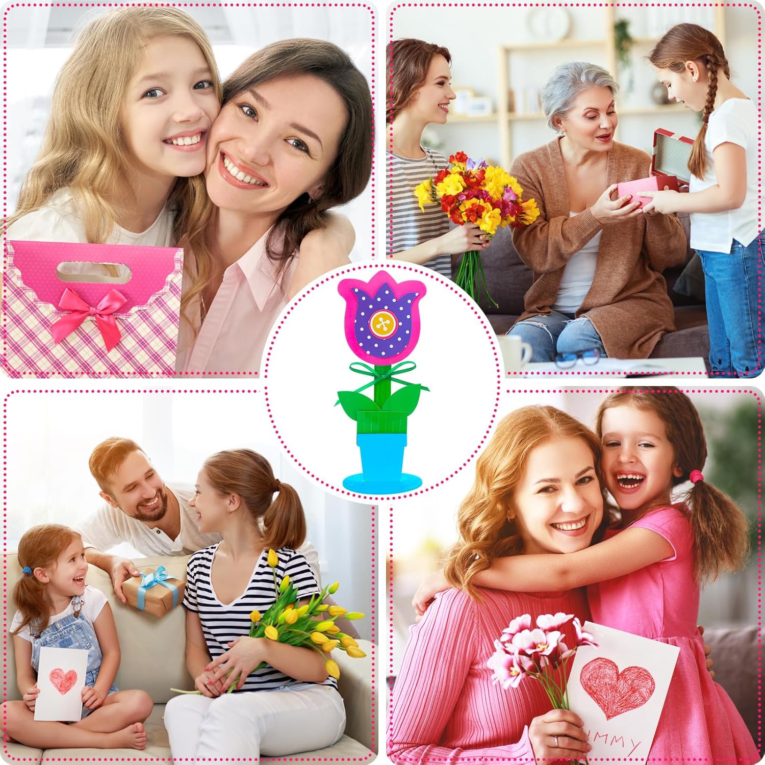 30 Sets Mother Day Crafts for Kids Flower Recipe or Picture Holder Kit Flower Kids Classroom Crafts with Wooden Sticks Flowerpot Ribbon DIY for Family School Activity