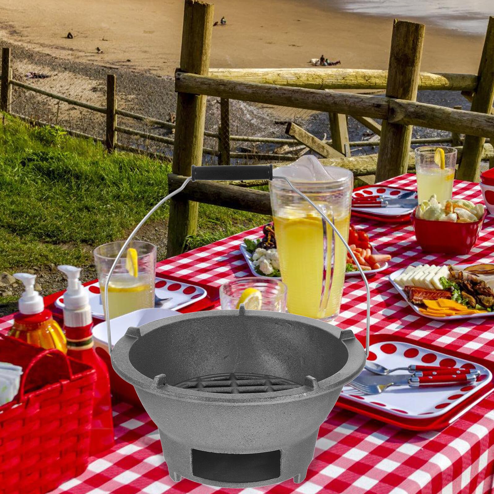 Przenośny żeliwny grill Chal z uchwytem Lar i wewnętrznym rusztem, okrągły grill do gotowania i ogrzewania, idealny na kemping i posiłki na świeżym powietrzu
