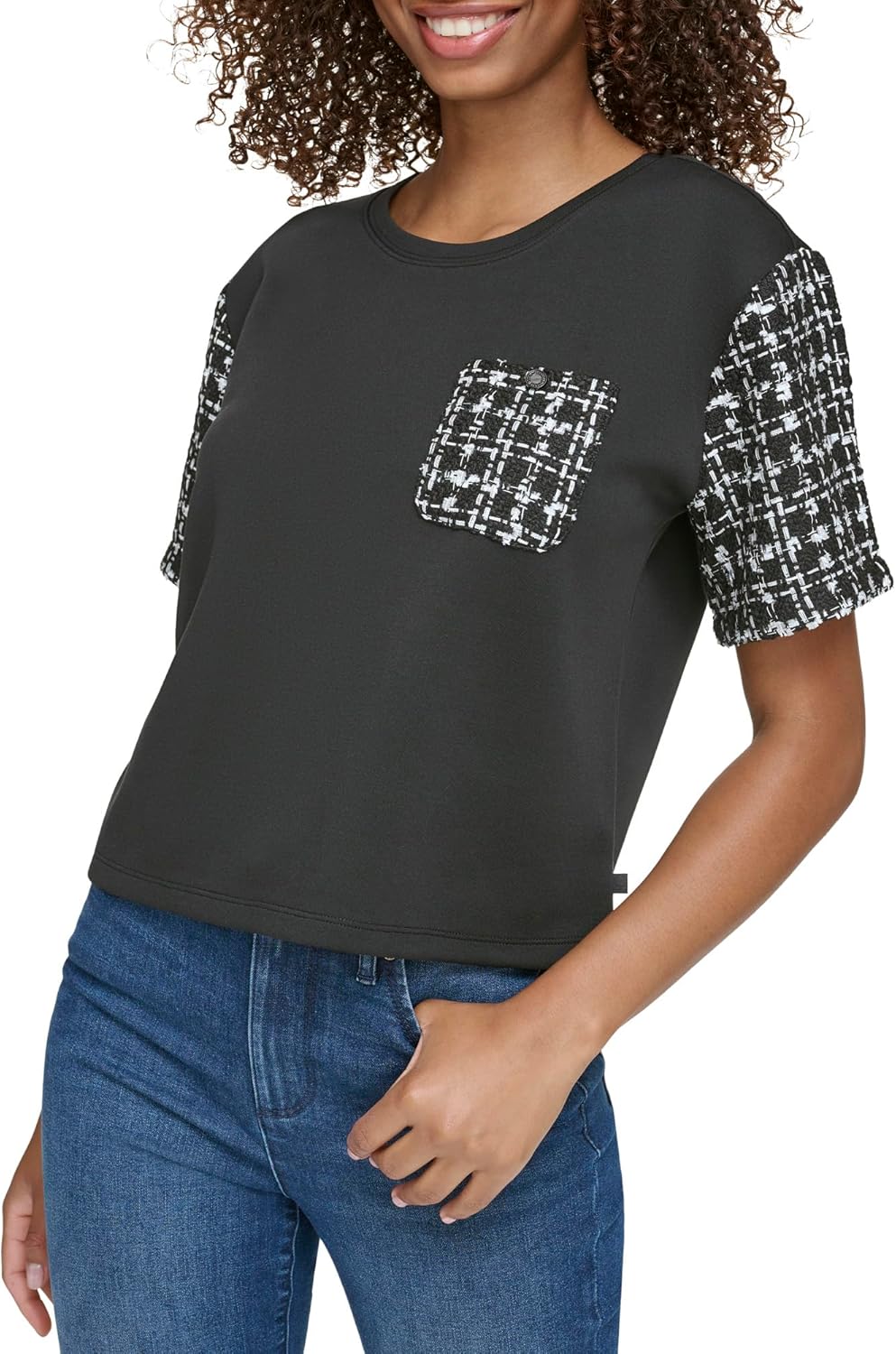 KARL LAGERFELD Womens Cropped Tweed Detail Top - Image 4