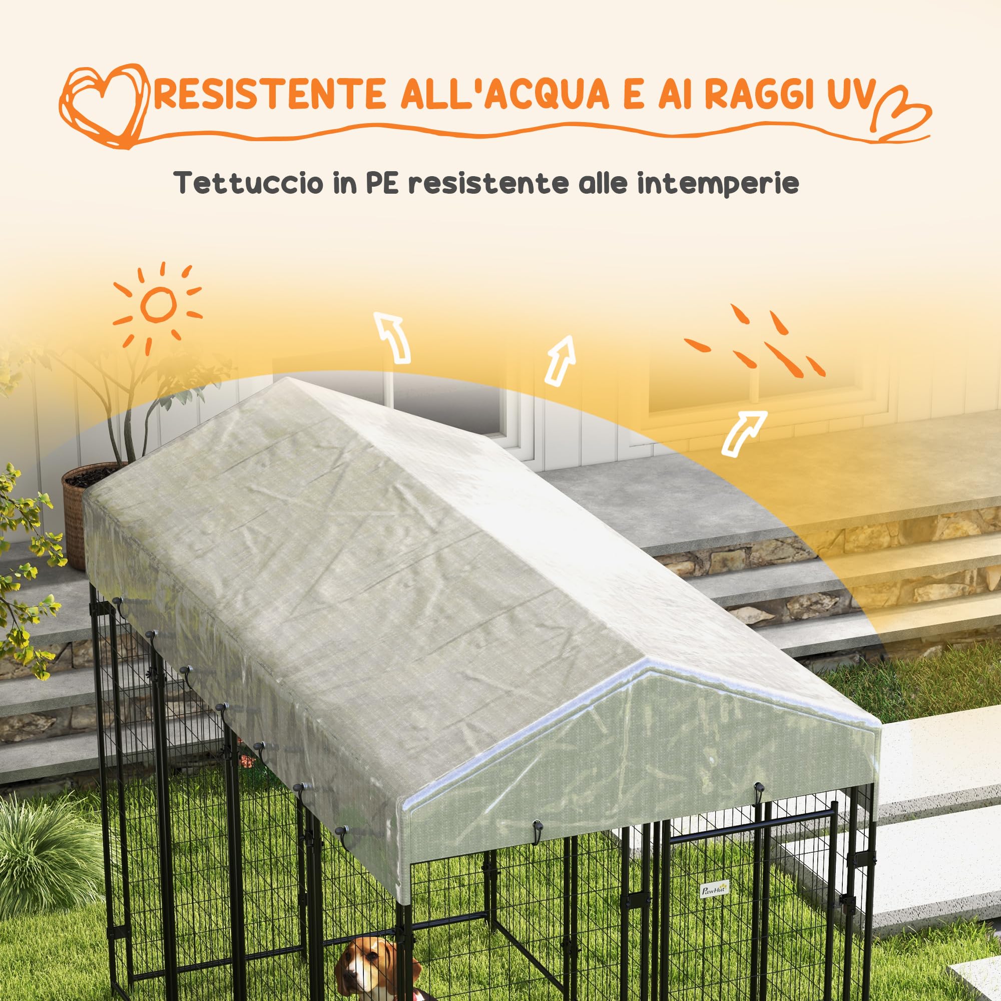 PawHut Recinto per Cani da Esterno Tetto Anti-UV 239x121x183cm Argento