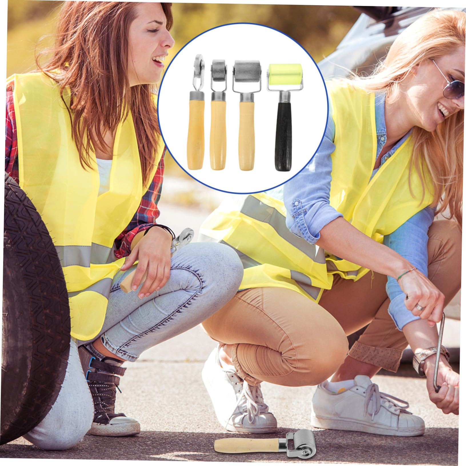 Kit Attrezzi per Riparazione Pneumatici Auto Ferro 4 Pezzi | Manico in Legno, Rullo Metallico a Scorrimento Fluido, Confezione Leggera da 4 Pezzi per Interventi Rapidi