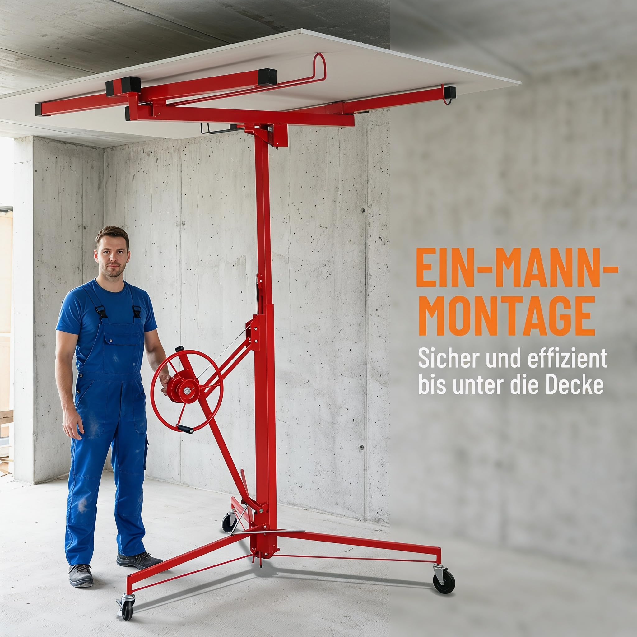 Ikodm Plattenheber klappbar XXL für Rigipsplatten, 132-335cm Arbeitshöhe höhenverstellbar, max 290cm Lastarmbreite und 68 kg Traglast, Rot