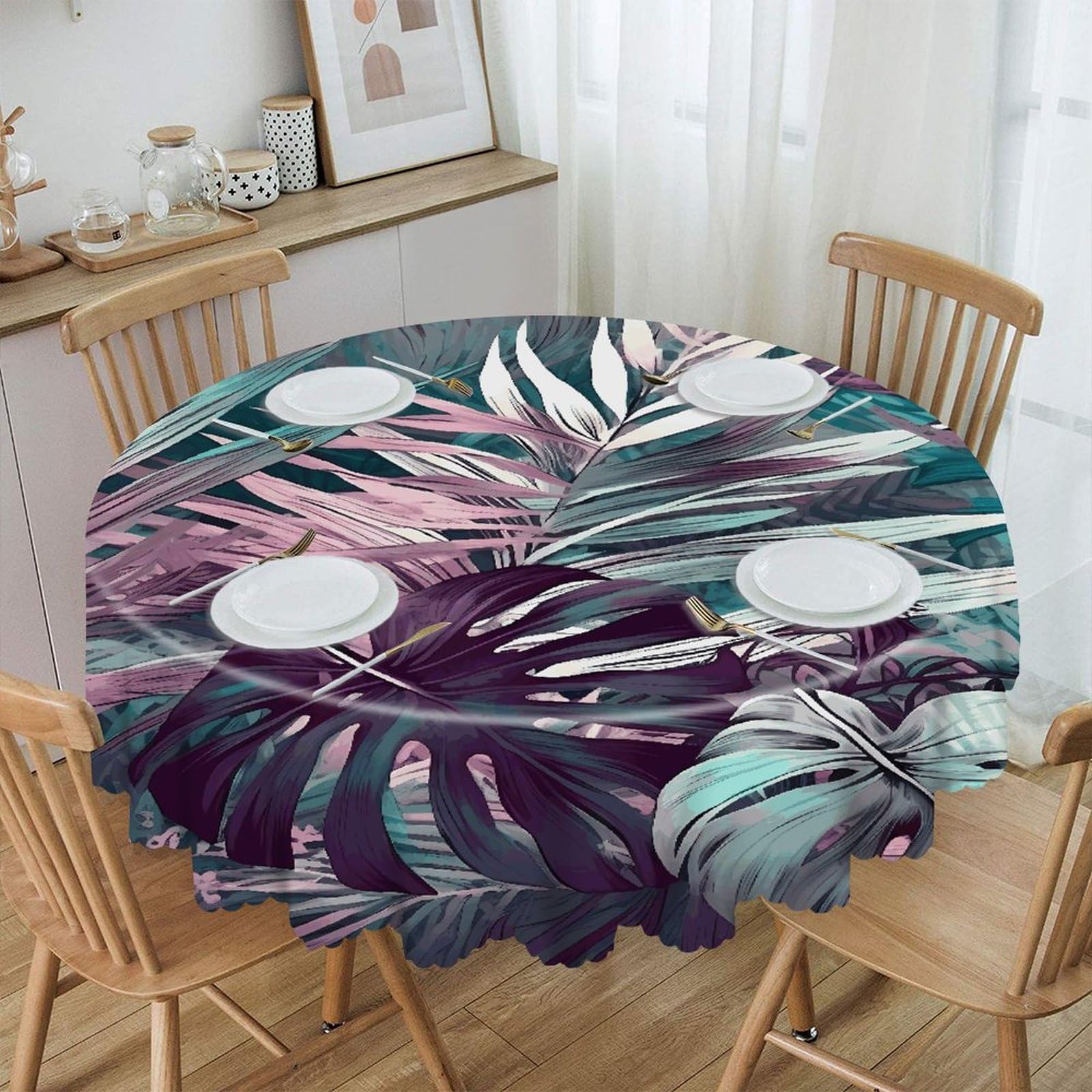 LZQPOEAS Palm Leaf Pattern Round Tablecloth Rustic Circle Table Cloth Wrinkle Resistant Decor Tablecloth Waterproof Washable Table Cover for Kitchen Party Dining Table 60 Inch