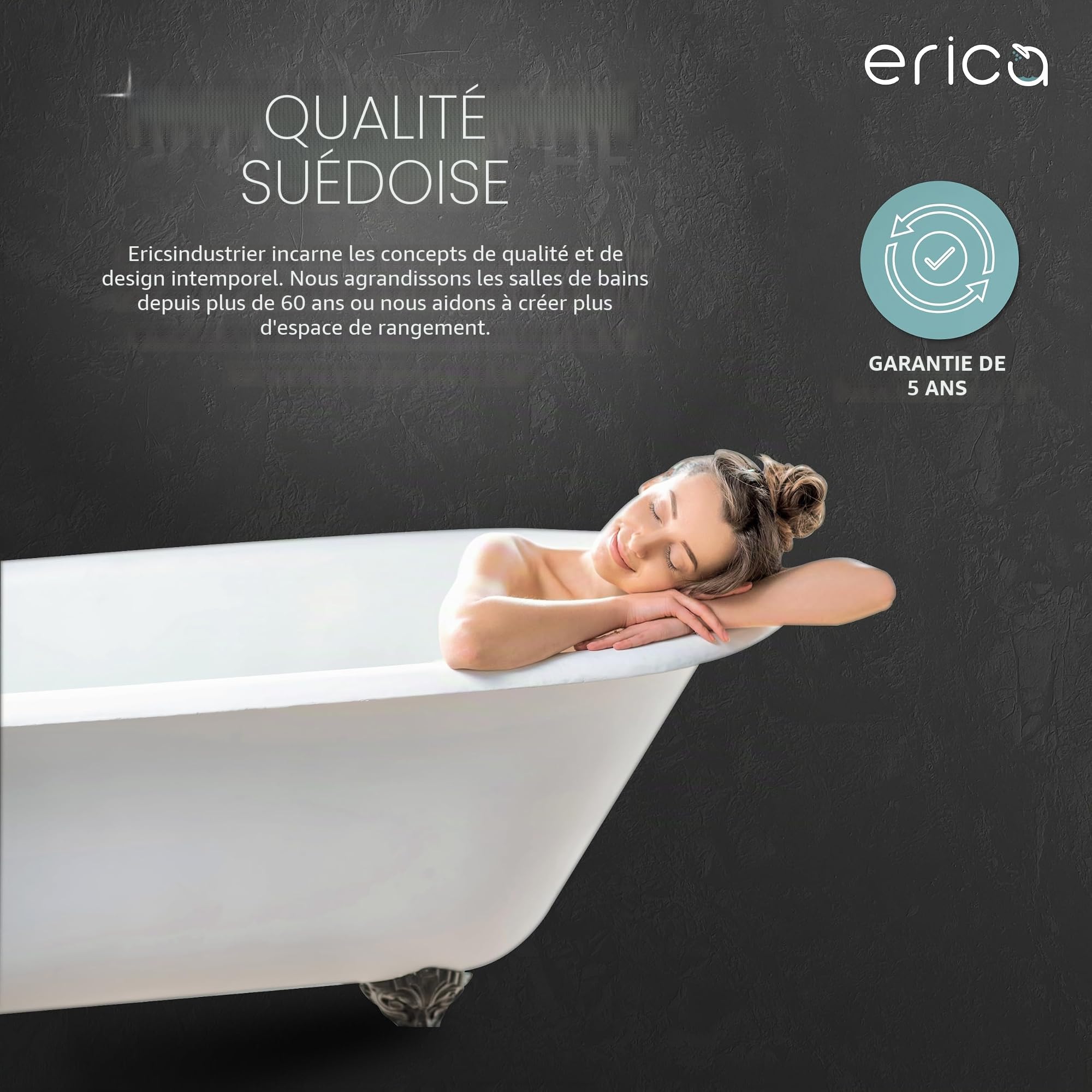 Erica Tringles de Rideau de Douche en U - 85x95x85 cm, Barre de Rideau de Douche Murale sans Fixation au Plafond - Revêtement Plastique sans PVC, Tringle de Douche 100% Inoxydable. Blanc.