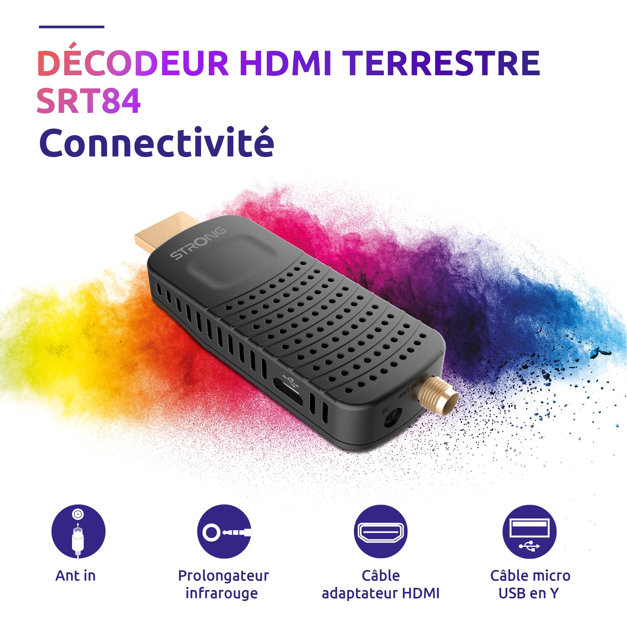 STRONG SRT84 Récepteur HDMI Décodeur DVB-T2 HEVC265 Dolby Audio Noir