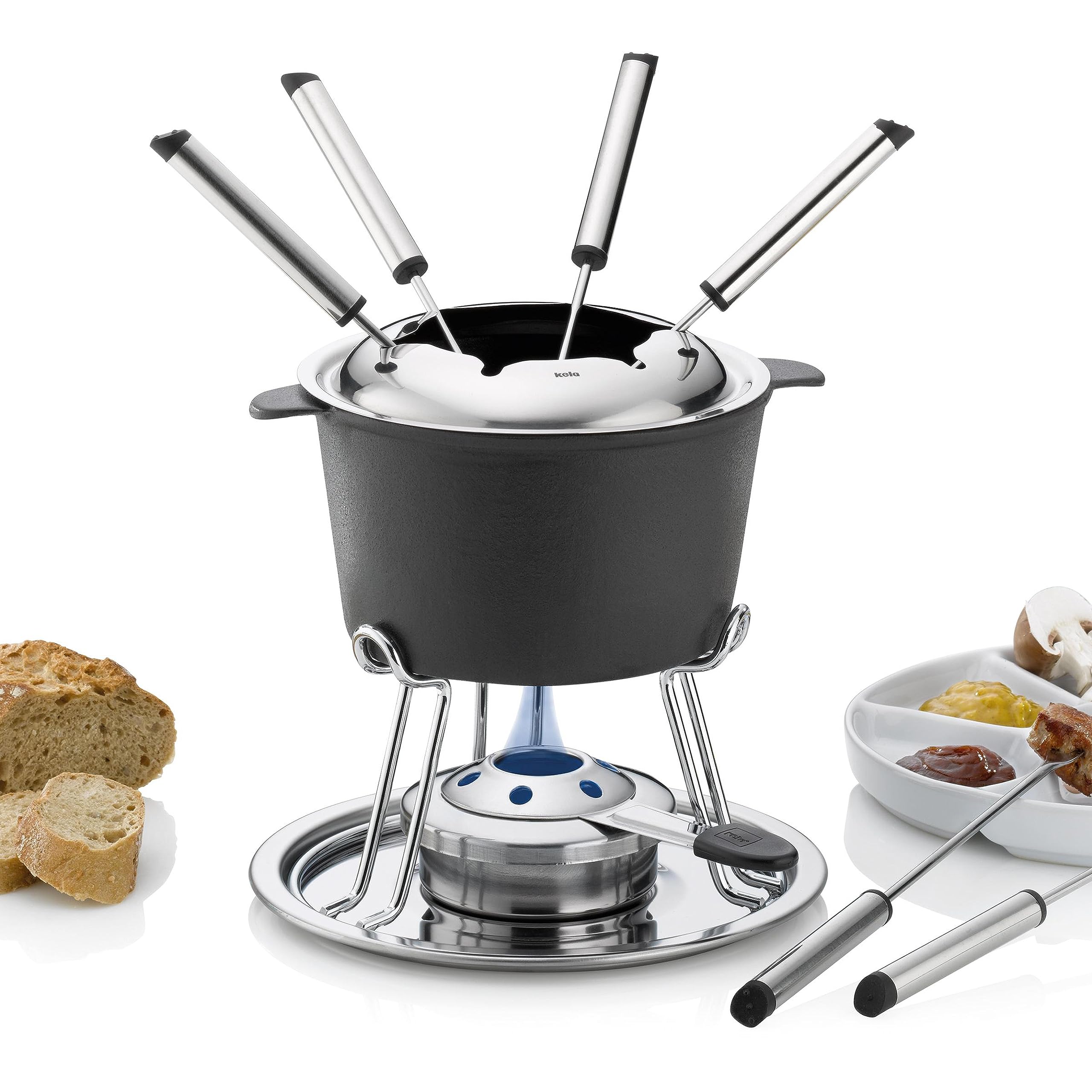 kela Fleischfondue Set 11tlg, Gusseisen Fondue für 6 Personen COMORE, Fondueset mit Brennpastenhalter, Gabeln, Gabelhalter