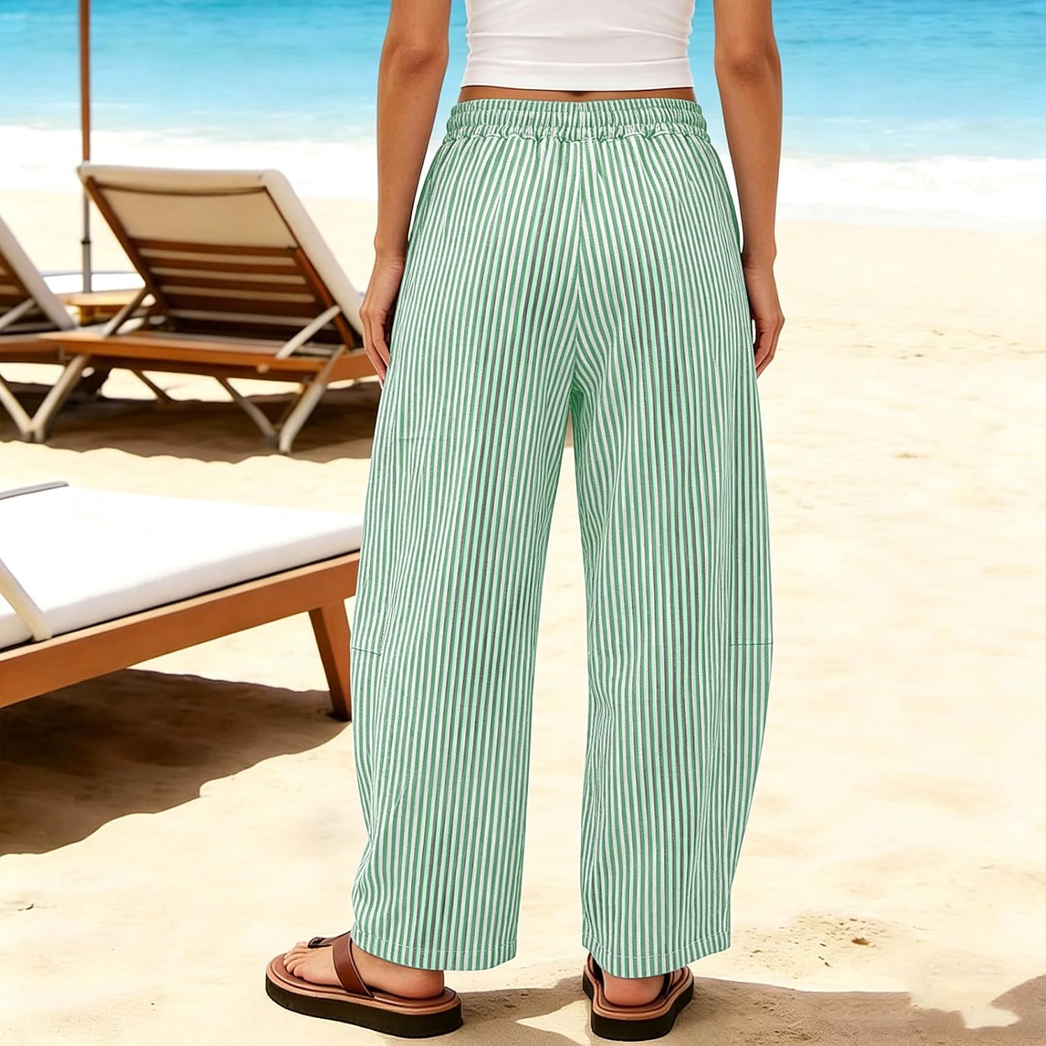 Women's Wide Leg Pants Baggy Striped Pants Dressy Casual Drawstring Waist Trousers Casual Trendy Lounge Pants