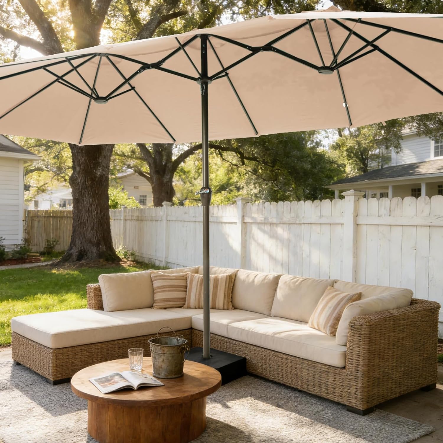 15FT Large Patio Umbrellas with Base Included, Outdoor Double-Sided Rectangle Big Market Umbrella with Stand, Outside Umbrellas for Poolside Lawn Backyard,Beige