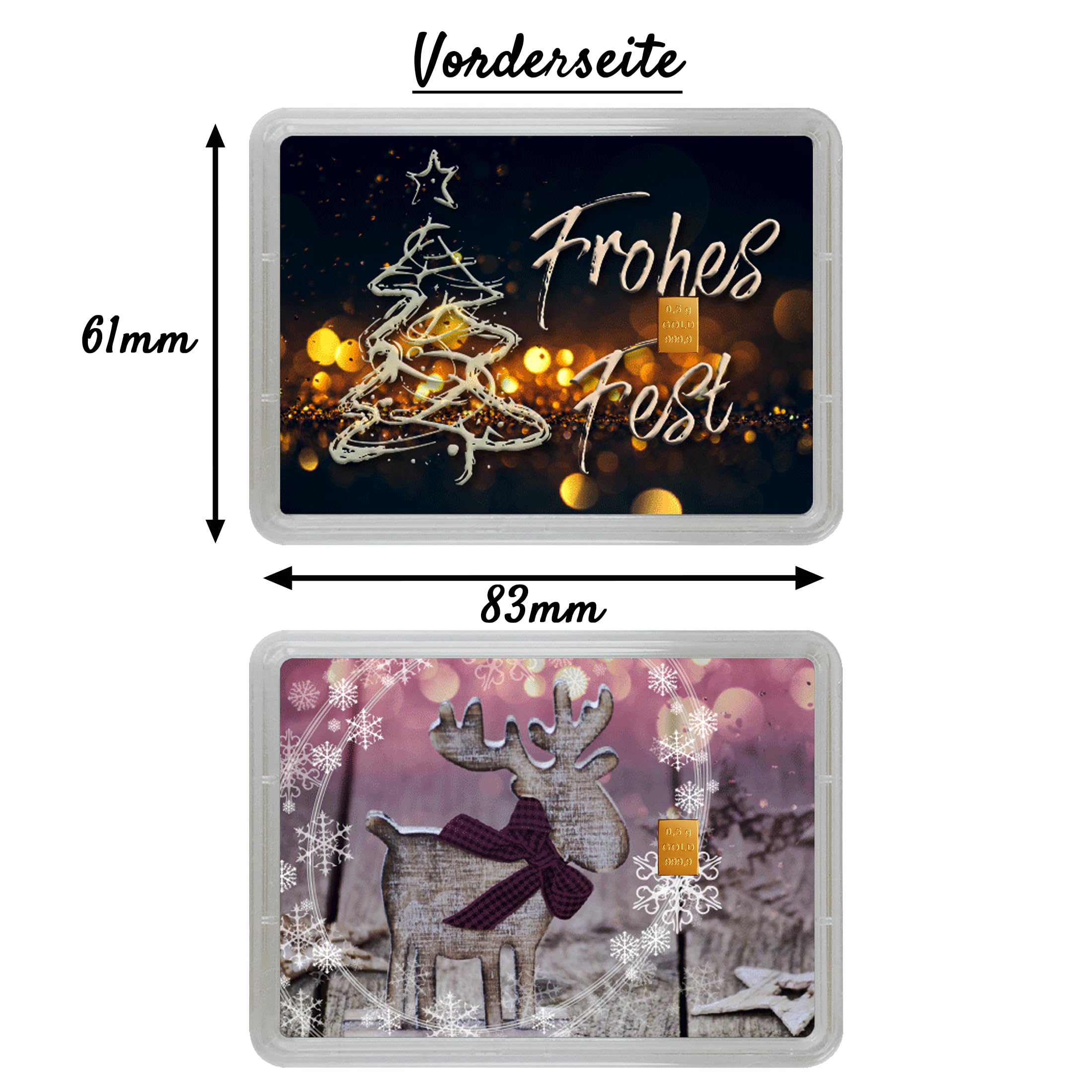 Goldstücke24 0,5 g Goldbarren 999,9 in Motivbox „Frohes Fest“ | ESG/Valcambi Gold | Echtheitsgarantie | Geschenk Weihnachten mit Wackelbild & goldenem Geschenkbeutel