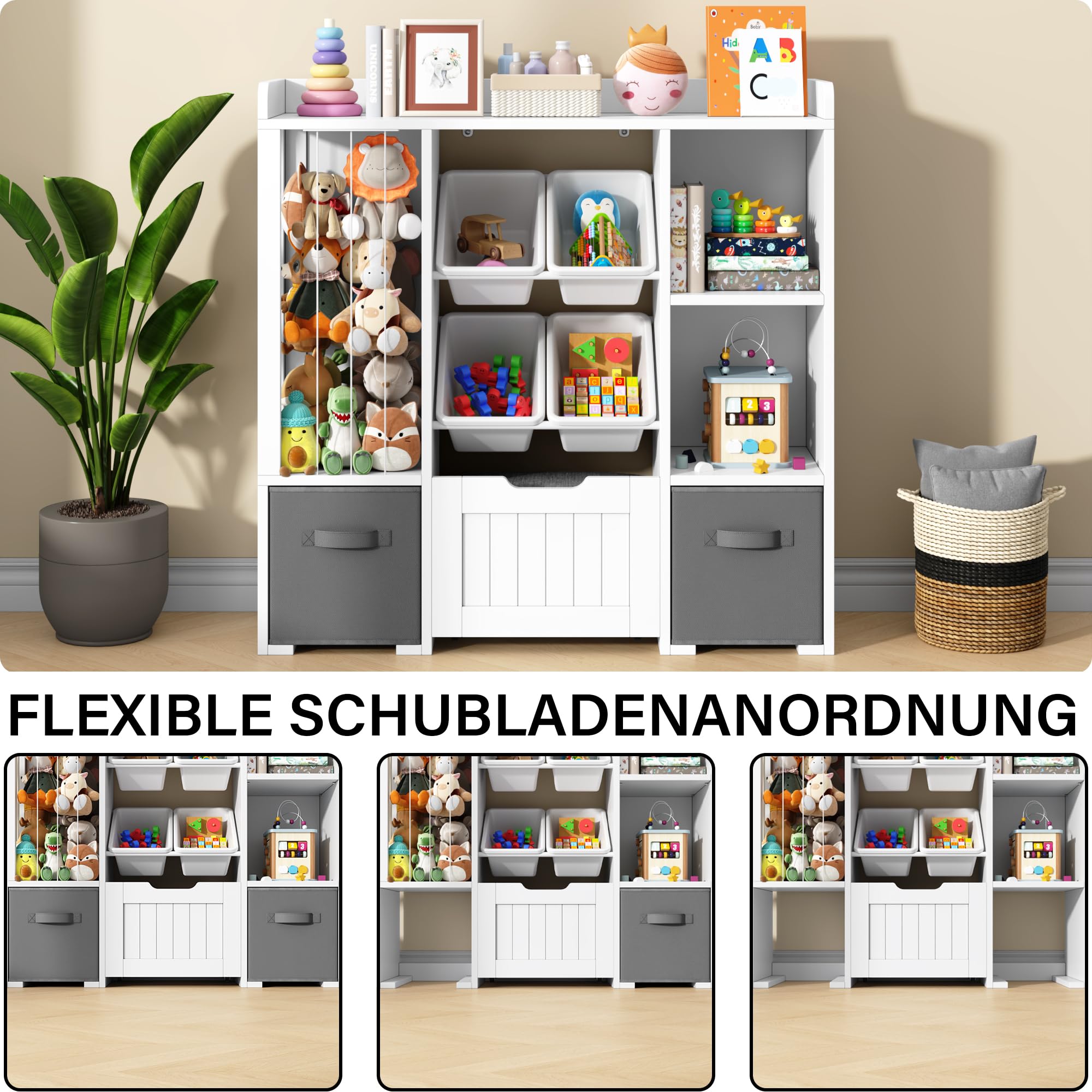 Jehiatek Kinderregal mit Stauraum-Sitzbank, Holz Spielzeugregal mit Kuscheltierfach, 2 Regalböden, 2 Stoffschubladen und 4 Aufbewahrungsboxen, Bücherregal für Kinderzimmer, Spielzimmer & Schlafzimmer