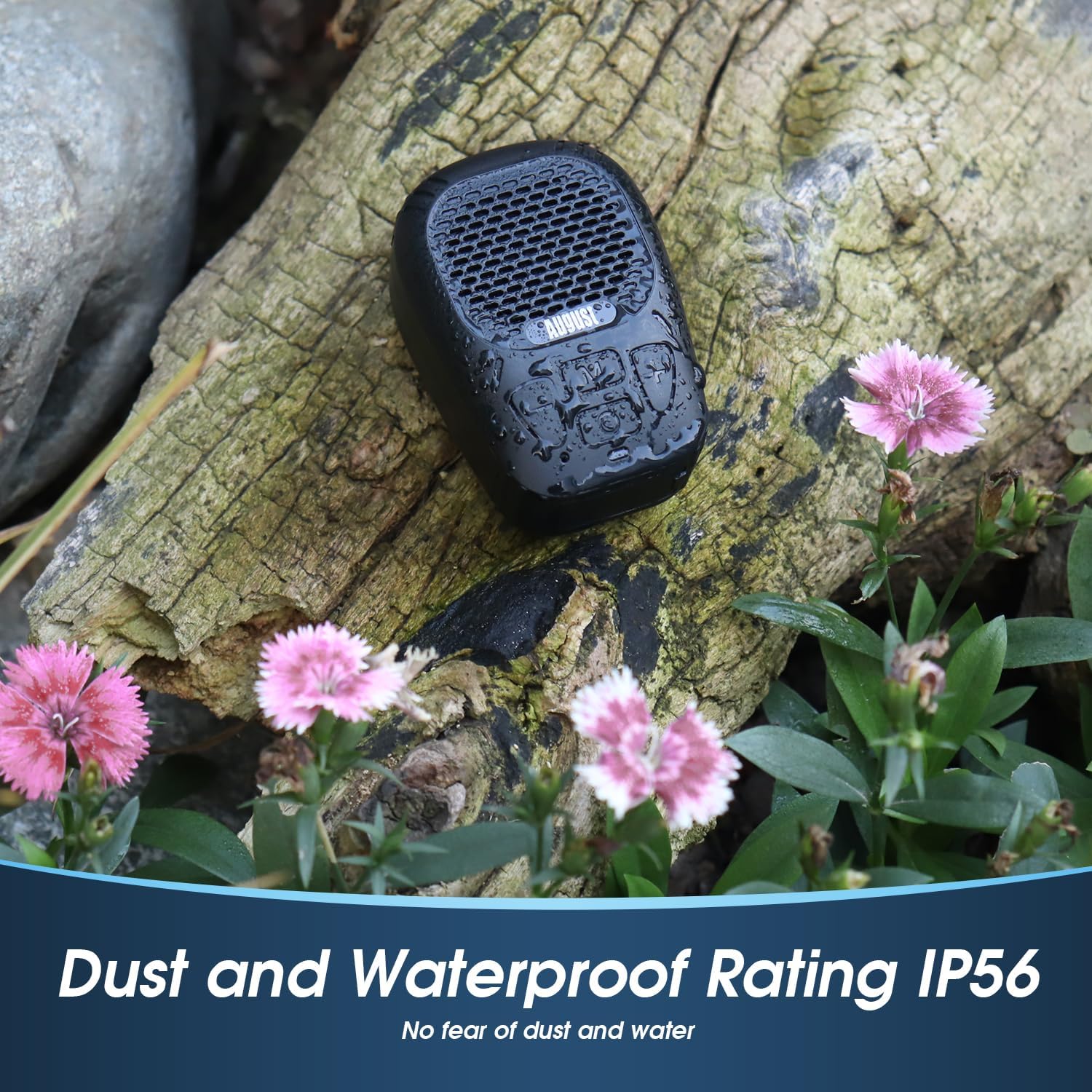 August MS550 Portable Bluetooth 5.3 Speaker with Magnetic Clip On and Microphone – 30H Playback, IP56 Waterproof, Micro SD for MP3, Hands Free Calling – Outdoor Speaker for Cycling Hiking Camping
