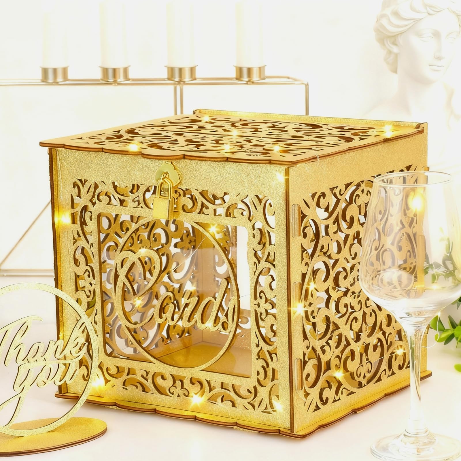 Boîte à cartes de mariage dorée, le cadeau de Pacs idéal