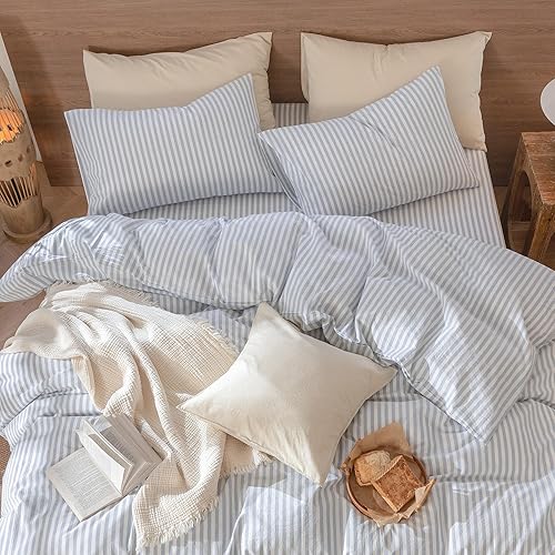 Miniatura 3 de MooMee Juego de 2 fundas de almohada a rayas, 100% algodón lavado con textura parecida al lino, transpirable, duradera, suave, cómoda (rayas