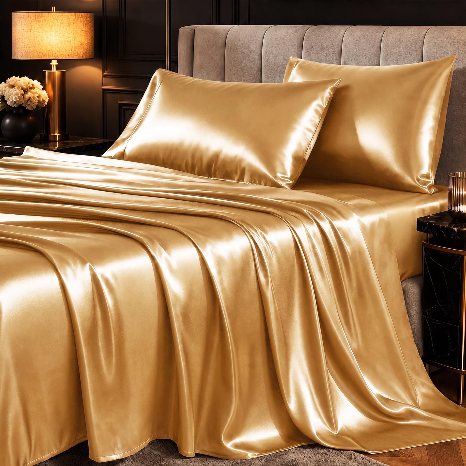 CozyLux Satin Sheets King, 4-Piece 14-Inch Deep Pocket Sheet Set