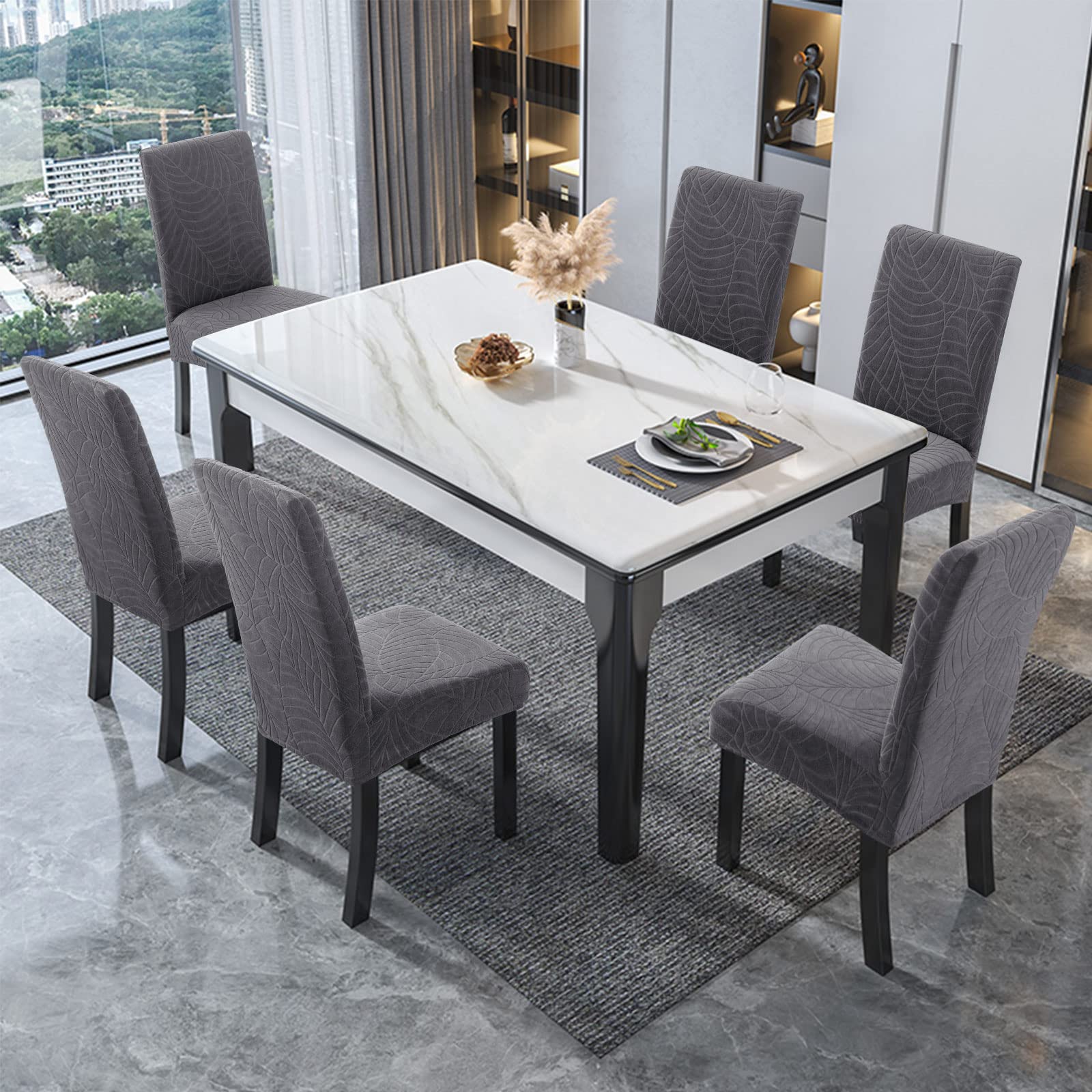 Genina Lot de 6 housses de chaise imperméables en jacquard, extensibles, amovibles et lavables pour chaises de salle à manger, cuisine, hôtel, restaurant (feuilles-gris foncé)
