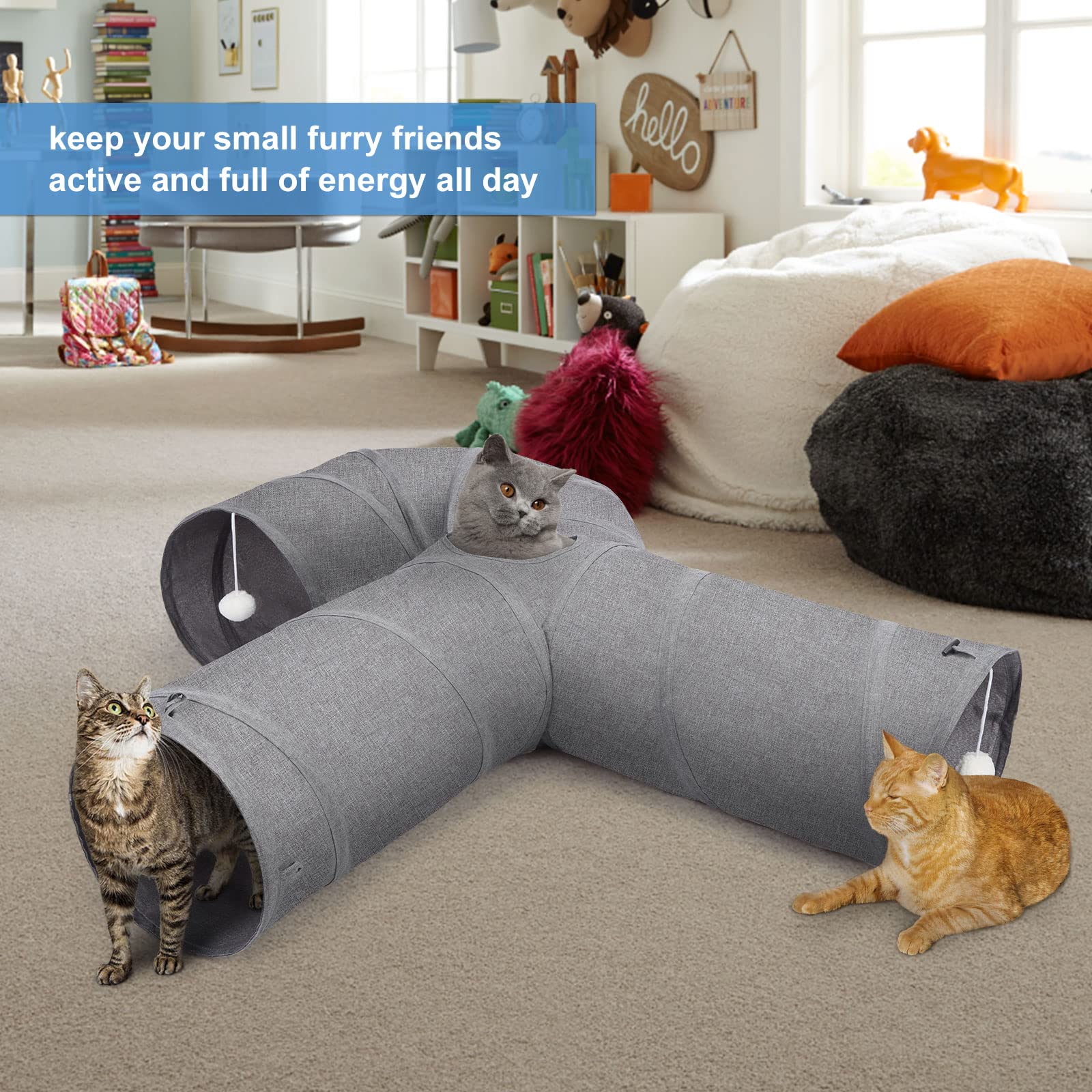 Ownpets Grand tunnel en forme de U pour chat avec 3 voies en tissu Oxford robuste, pliable et résistant aux déchirures, avec plusieurs sorties, boule suspendue et baguette taquineur, diamètre 30 cm