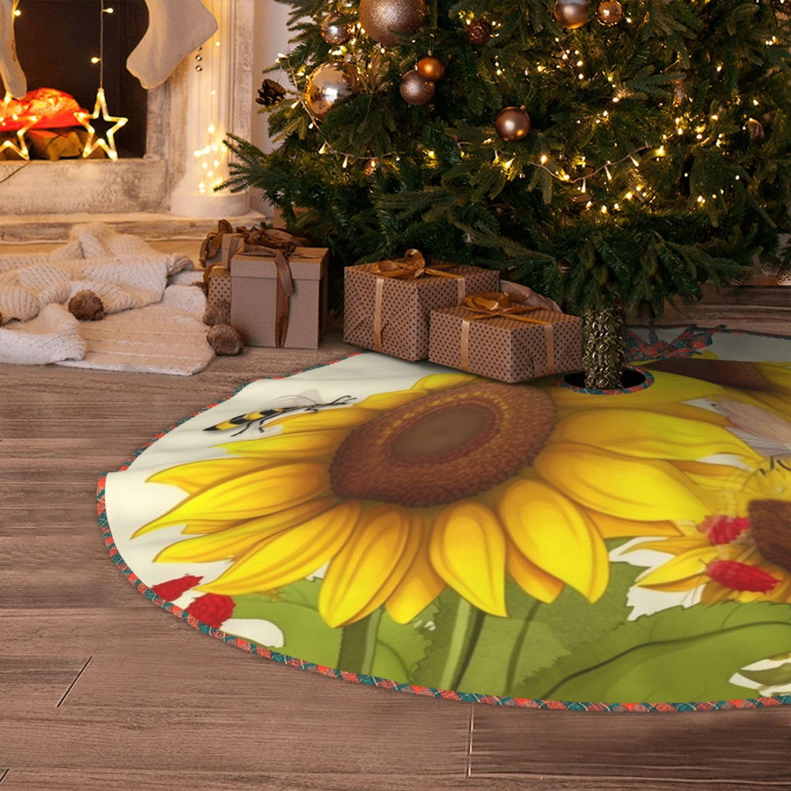 Bees Sunflowers Daisy Rose Flowers Christmas Tree Skirt 48" Artificial Tree Mat Cover Merry Christmas Burlap Xmas Tree Skirt for Christmas Decoration Holiday Indoor Outdoor Winter Party Decor
