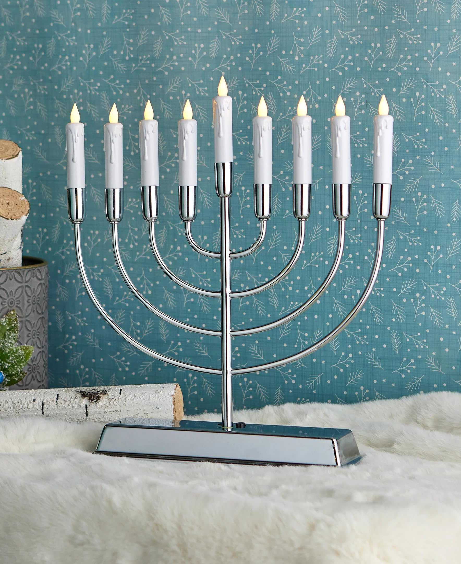 Menorah with 9 Taper Candles, Metal Base, Battery Operated