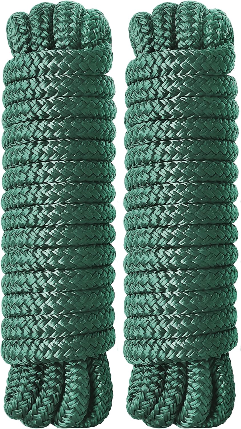 Boat Dock Lines 2 Pack Double Braided Nylon Marine Dock Lines for Boats,3/8 Inch x 15/25/35 FT Mooring Lines, with 12″ Eyelet Boat Ropes for Docking with Loop -Green