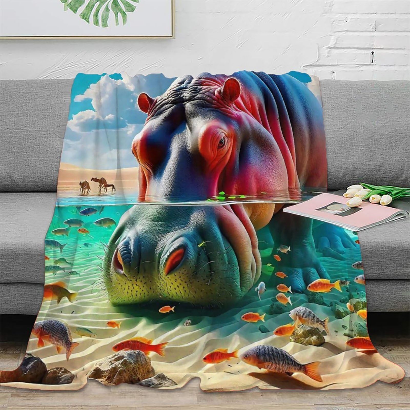 Couverture hippopotame 3D en microfibre douce et chaude pour lit 127x152 cm