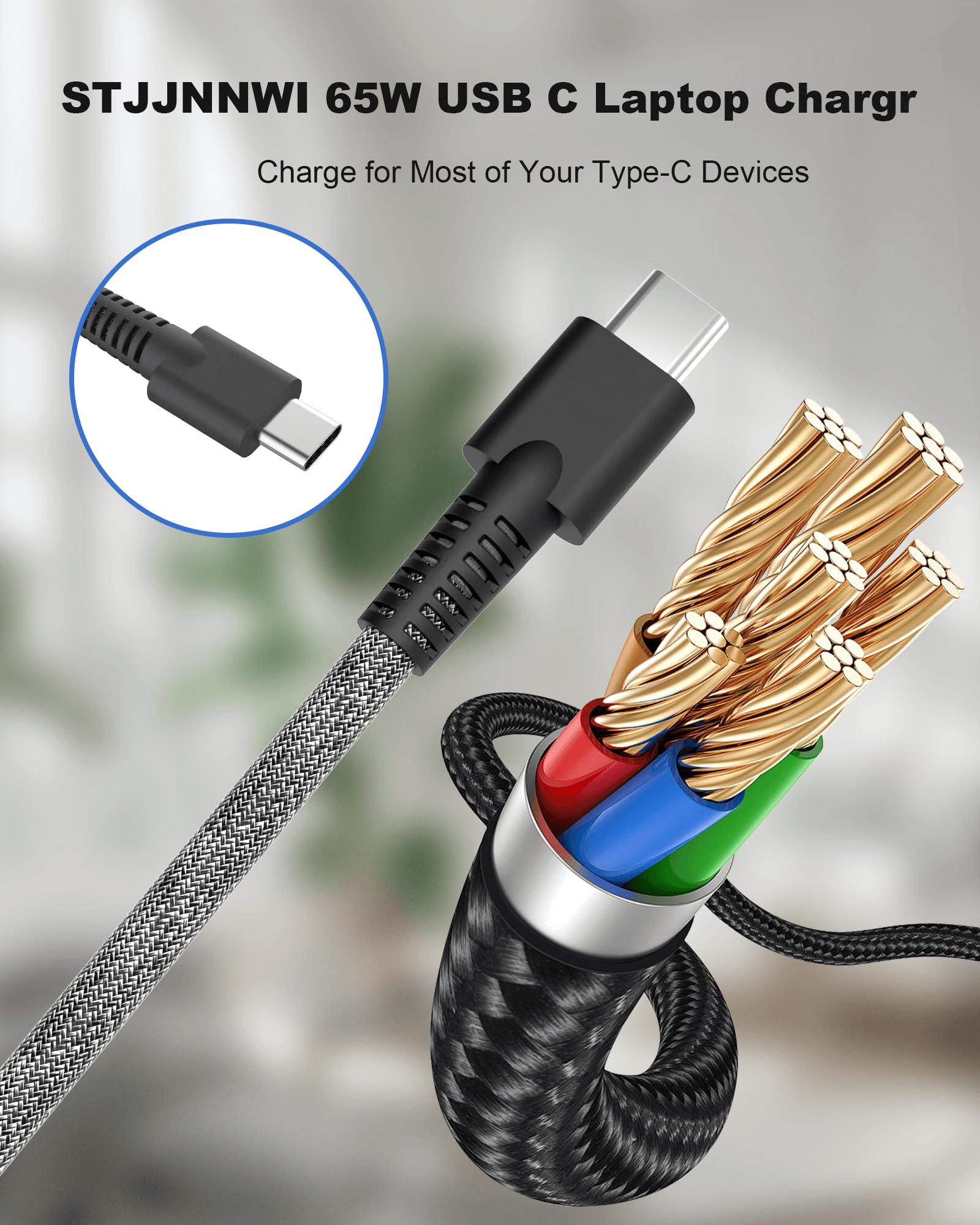 Caricabatterie USB tipo C da 65 W compatibile con HP Envy x360, EliteBook 840, Spectre x360, Zbook Firefly, Omnibook, ProBook, Chromebook, Elite x2 USBC Computer cavo di alimentazione CA