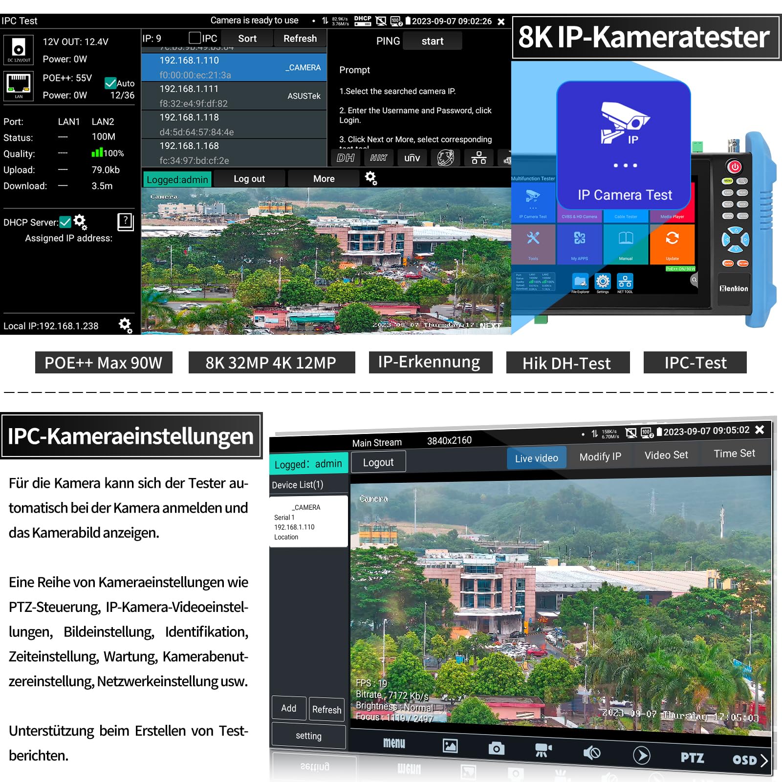 Henkion CCTV Kamera Tester, 8K 32MP 4K 12MP IP Kameratester mit POE++ 90W, 7" IPS Touchscreen Kabel Tester Netzwerk Tools Unterstützung 1CH SFP Schnittstelle IPC Tester IPC-9800CPro mit Kabelverfolger