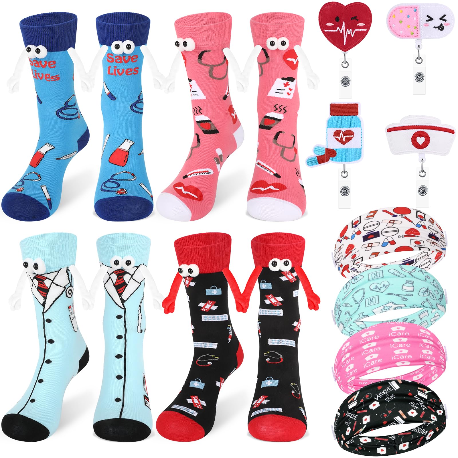 Nurse Gift Set Nurse Week Appreciation Gifts for Women,4 Pairs Novelty Nurse Gifts Holding Hand Socks 4 Nurse Headbands with Button 4 Nurse Badge Reels for Nurse Doctors Birthday Graduation Gifts