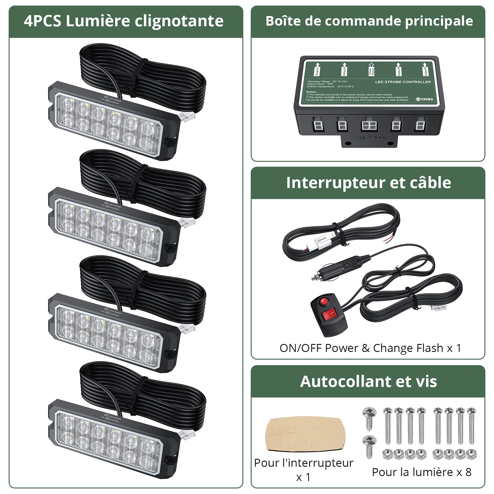 EYPINS 4x Feux de Pénétration à 12 LEDs - 48W Étanche IP68 12/24V Orange - Prise Allume-Cigare 8 Modes Flash Lampe Stroboscopique d'Urgence pour Remorque/Caravane/Van/Camion - CE&ROHS