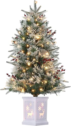 Árbol de Navidad preiluminado de 3 pies, árboles de Navidad artificiales con base de muñeco de nieve iluminada, árboles de Navidad flocados con 70