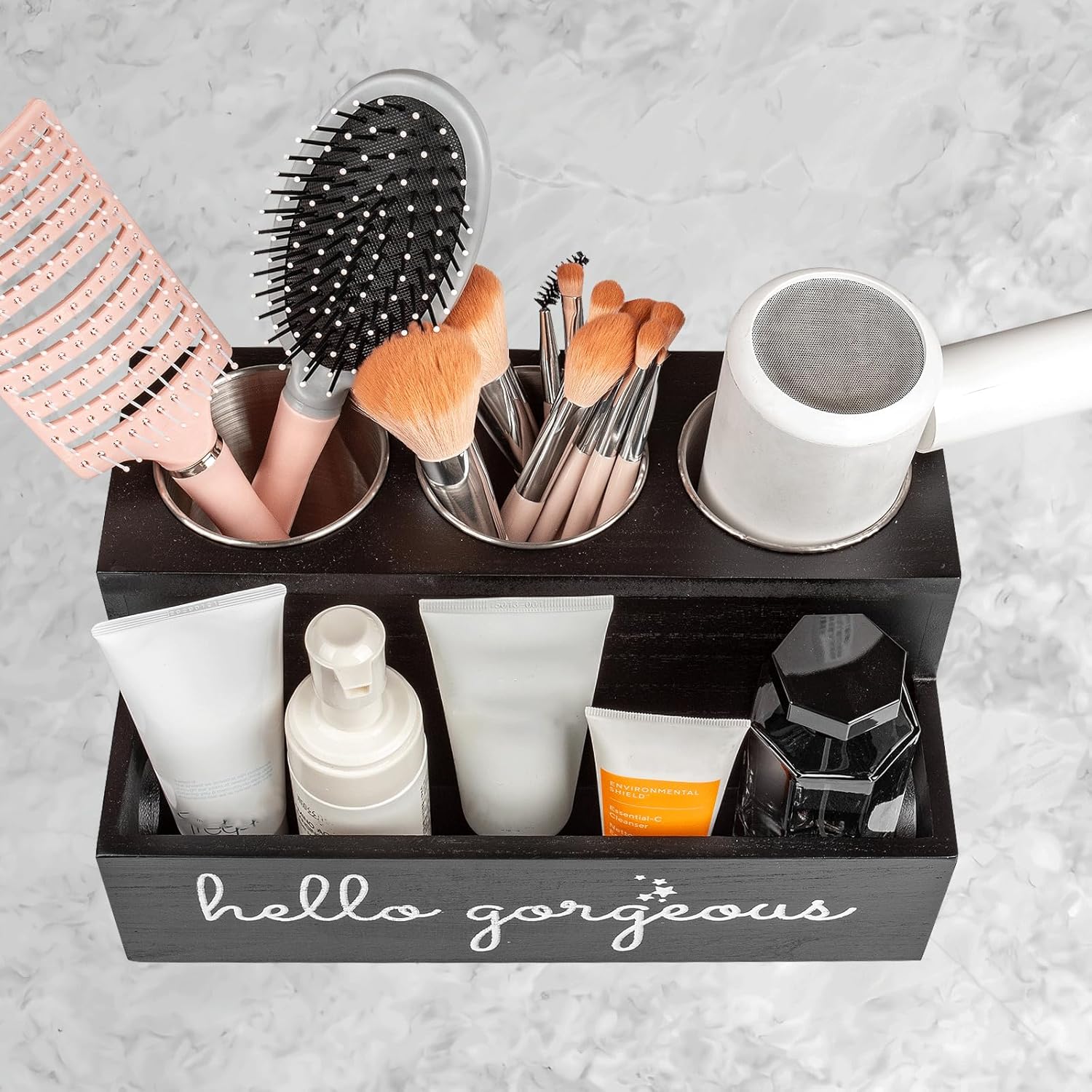 Wooden Hair Dryer Holder Wall-Mounted - 2 Tier Bathroom Storage Shelf Cosmetic & Hairdressing Tools Organizer for Bathroom Countertop/Vanity Black