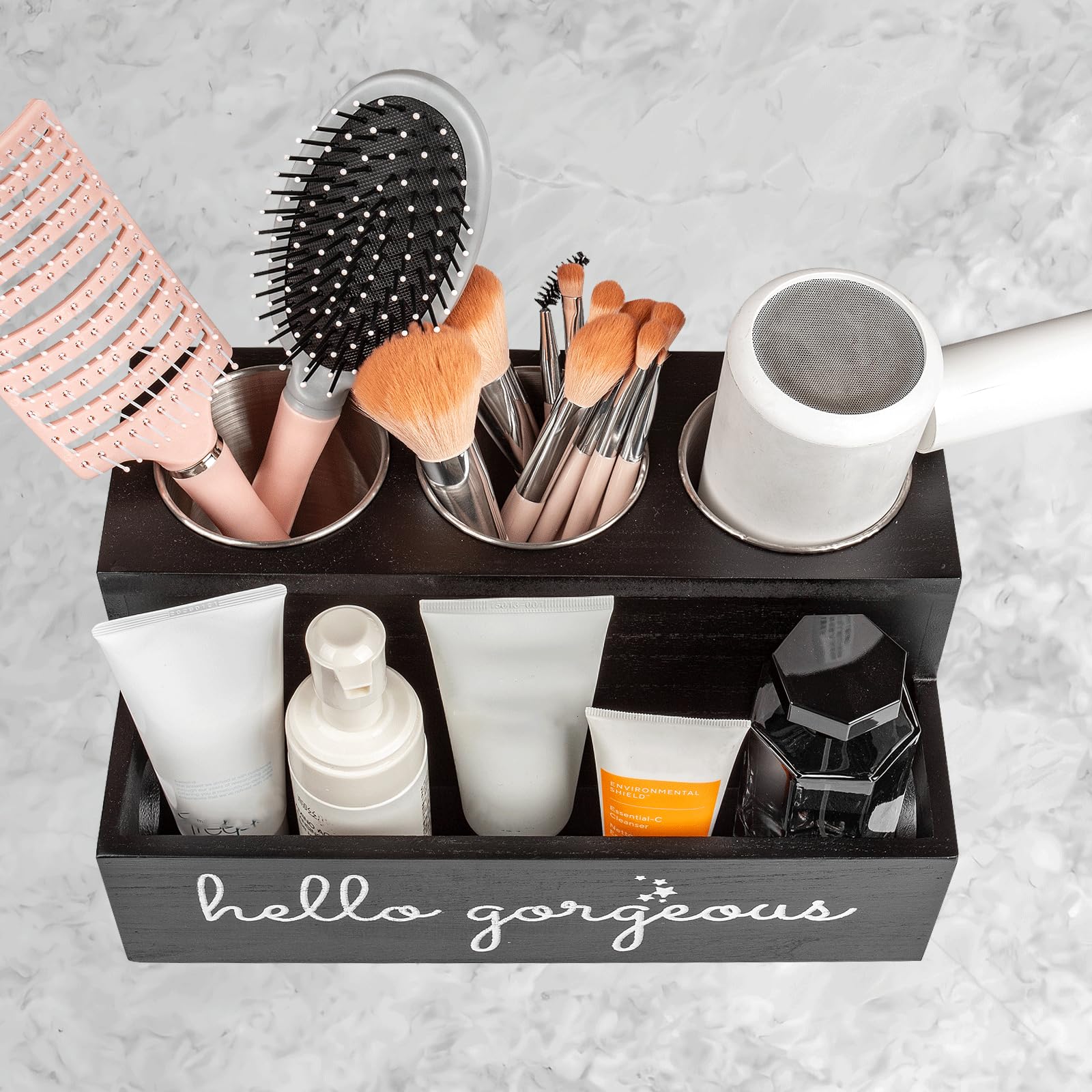 Portasecador de Pelo Madera - Organizador 2 Niveles para Planchas y Cosméticos del Baño,Organizador de Herramientas para el Cabello, Montaje en Pared o Mostrador (Negro)