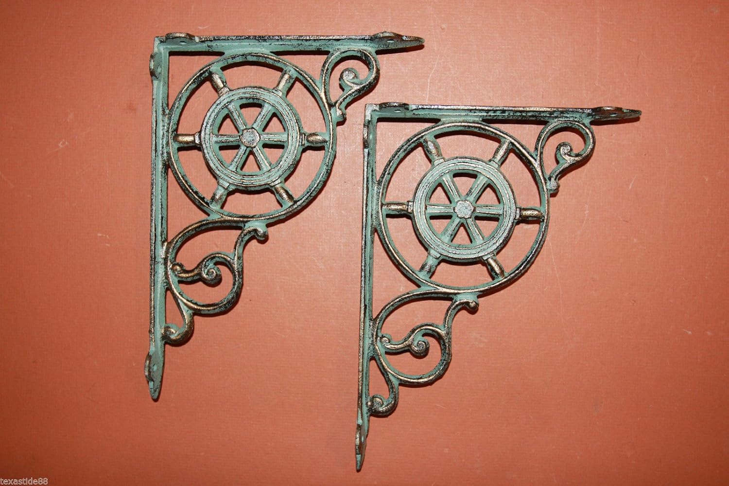 Antiqued-Look Nautical Window Decor, Decorative Ship's Wheel Cast Iron Window Corner Shelf Brackets, Bronze Look, 9" x 6 3/4",- Set of 2