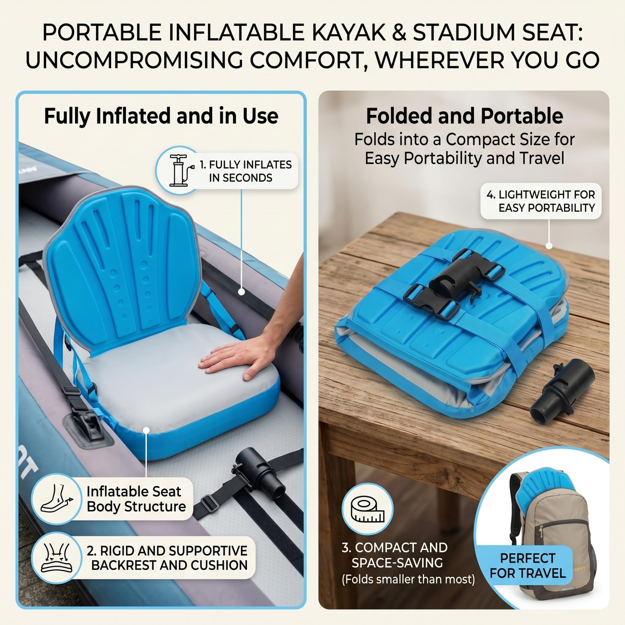 Siège de Paddleboard Gonflable, sièges de Kayak réglables avec Poche Rangement – ​​Bleu et Blanc – Planche Paddle pour Planches gonflables