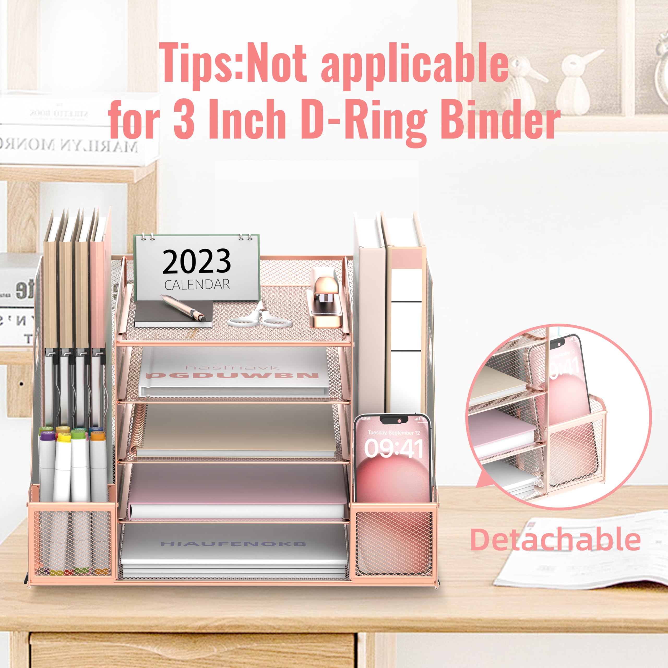 SUPEASY Gitter - Schreibtischorganizer mit Dateienhalter, 5 - Schichten - Papier - und Briefkastenträger mit Magazinehalter, Schreibtischorganizer und Lagerungseinheit, Rose Gold