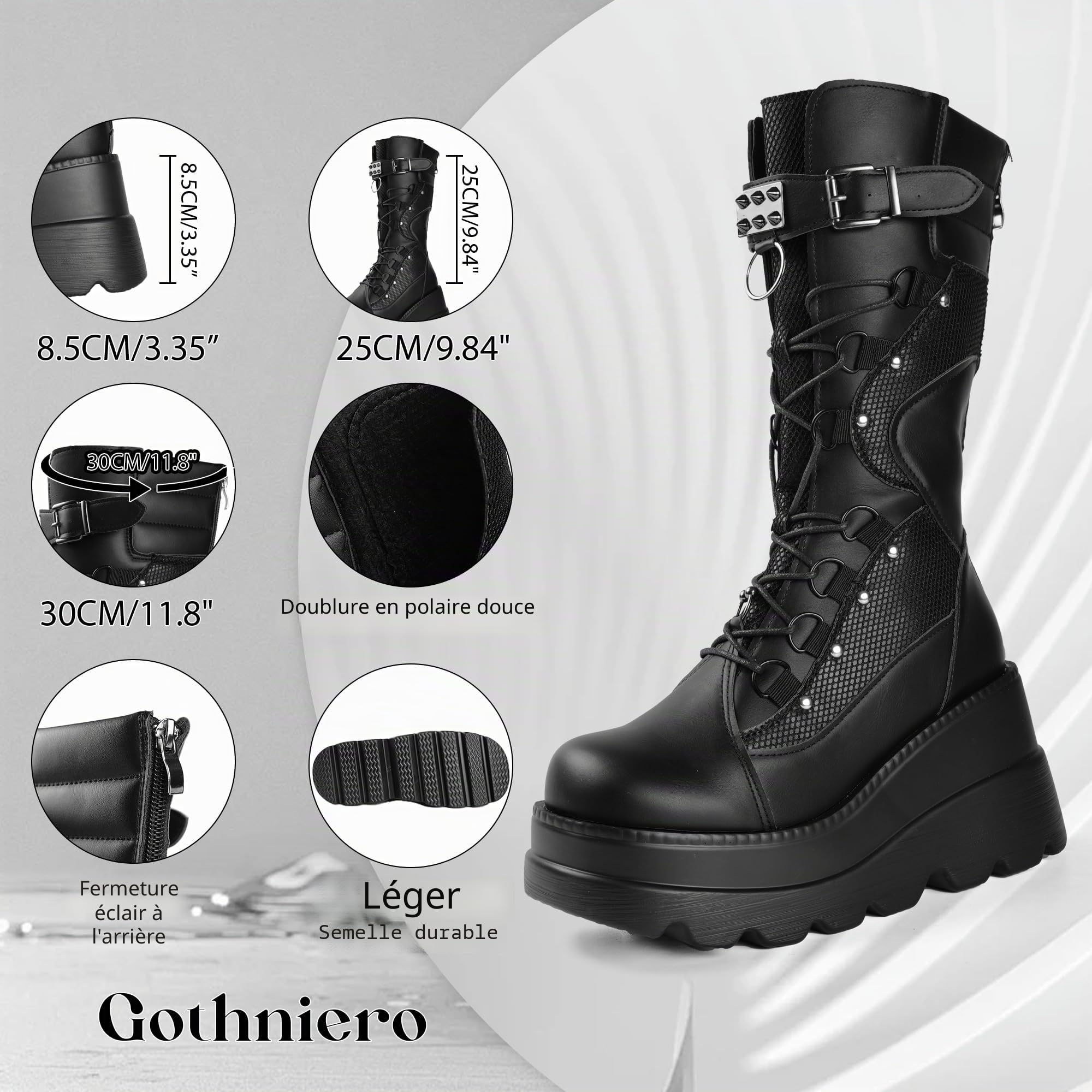 Gothniero Women Black Platform Goth Boots Knee High Chunky Heel Gothic Boot Women Black Combat Motorcycle Booties Round Toe with Zip 3UK-8UK