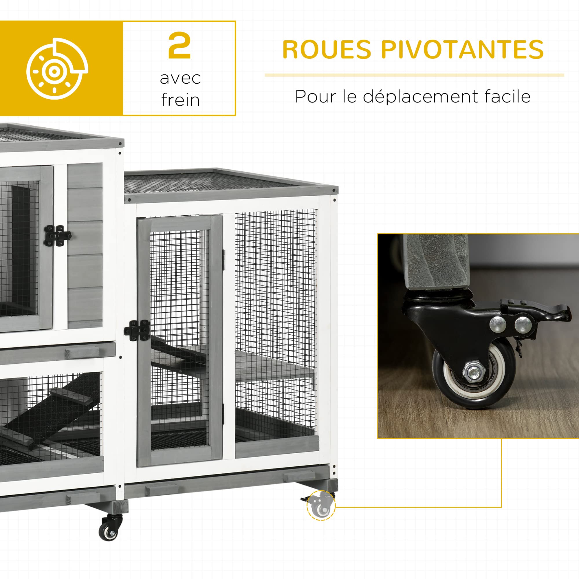 PawHut Conigliera in legno per interni con rotelle 3 livelli rampe 2 porte chiuse a chiave - dim. 110L x 50W x 86H cm - grigio e bianco
