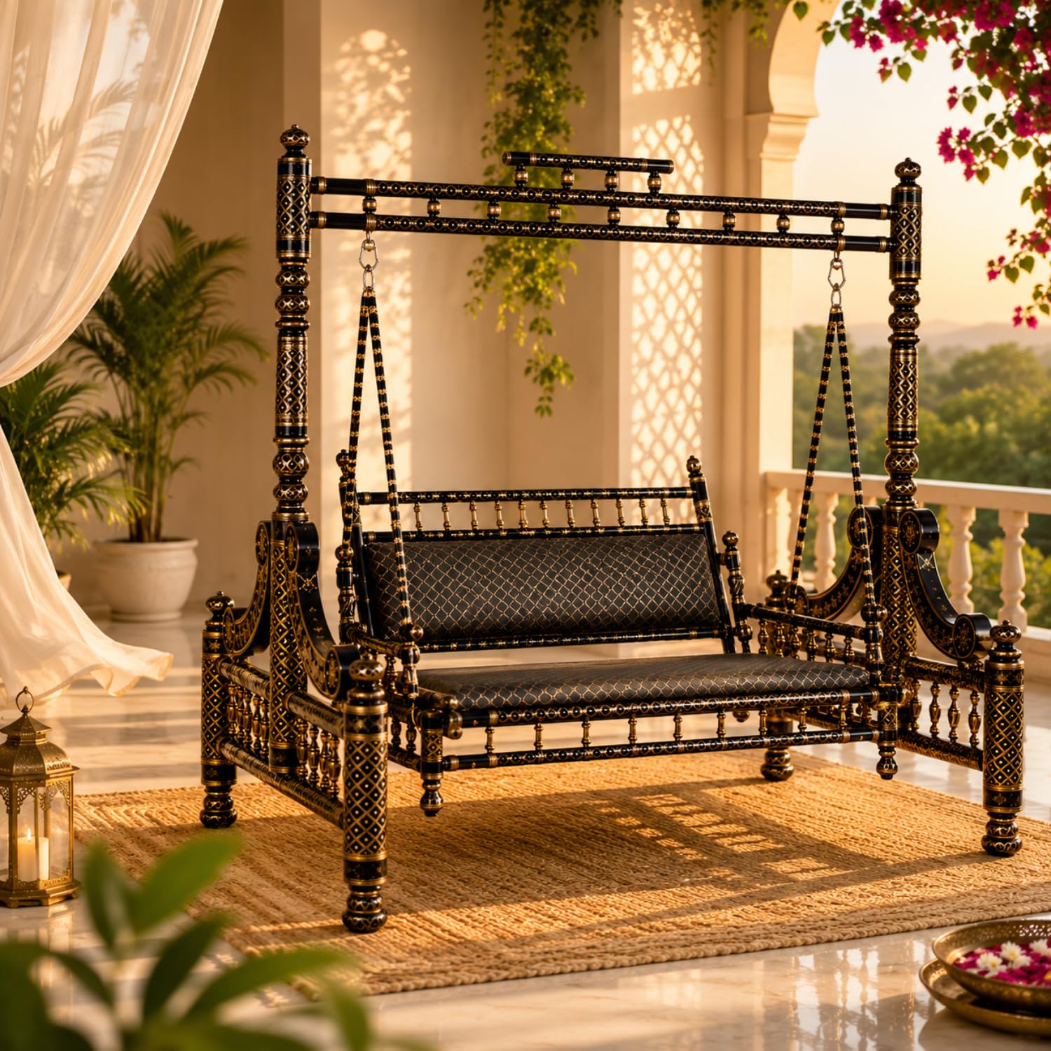 Kaushalendra Sankheda 2-Seater Indoor Swing - Wooden Patio Swings for Balcony, 300Kg Capacity, Elegant Black & Golden Finish, Comfortable - 46 Inch-image-26