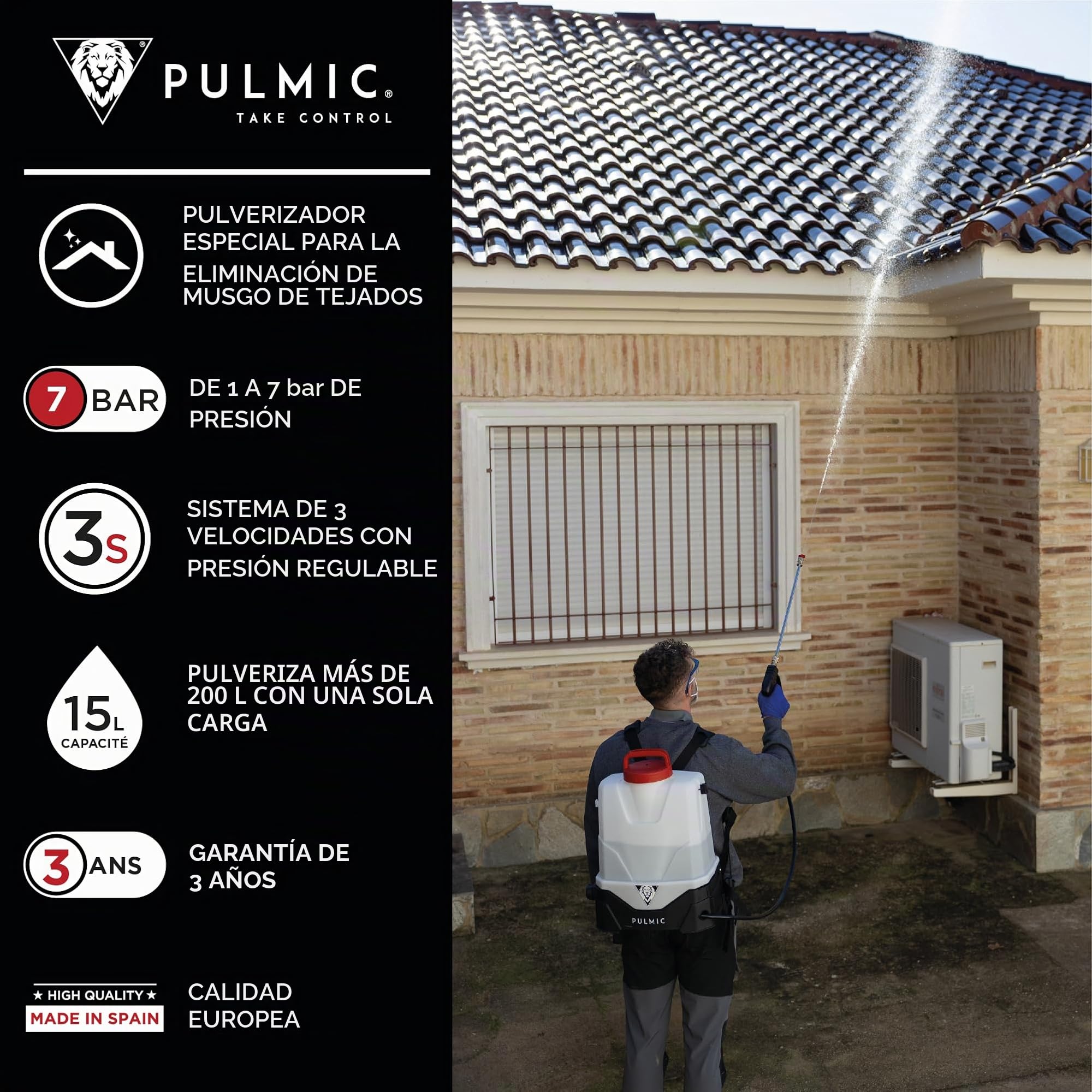 PULMIC Pegasus 15 Pulverizador Eléctrico Mochila 15 L, 7 Bar, Batería 18V, Lanza Acero INOX, Kit Boquillas Quick Connect, Manguera 10 m, Pulverización Profesional